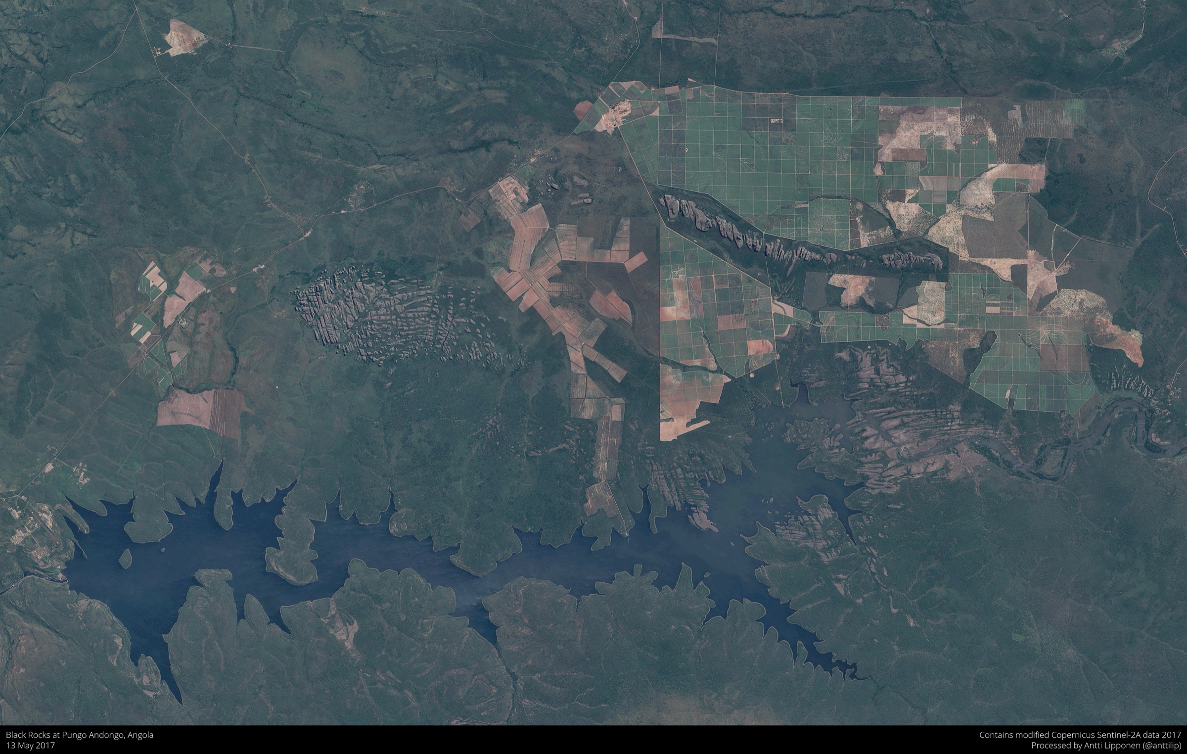 Sentinel-2 satellite view of the Black Rocks at Pungo Andongo conglomerate cluster