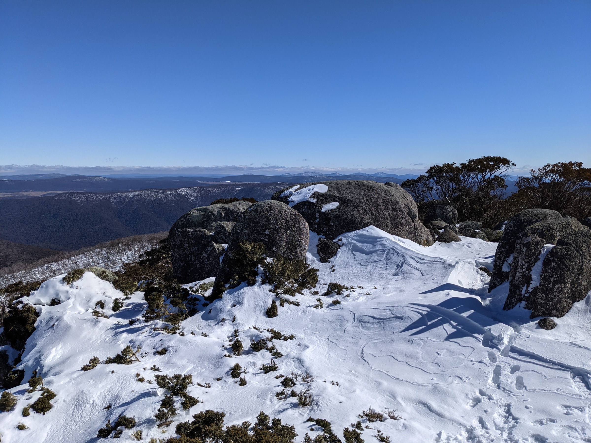 View west from the summit of Mount Gingera in winter, Brindabella Range, ACT