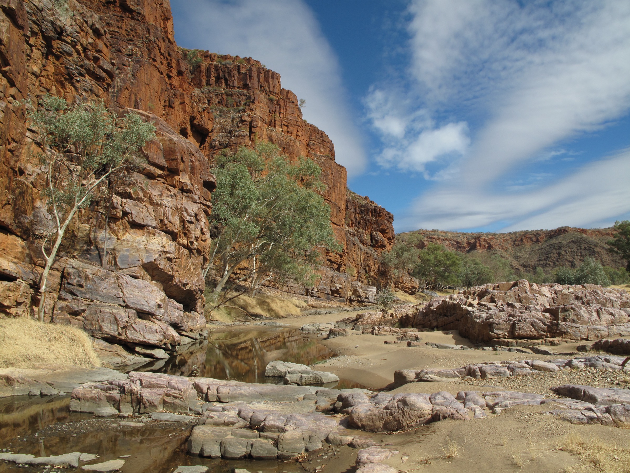 Red quartzite cliff lines rising above the Hale River valley in Ruby Gap Nature Park, Northern Territory, Australia