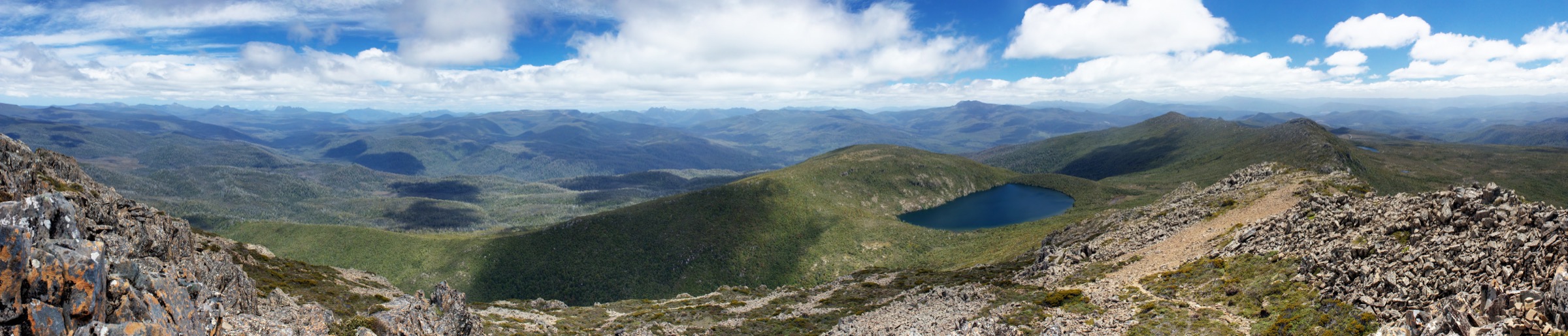 View west across the Southwest Tasmania wilderness from the Hartz Mountain plateau