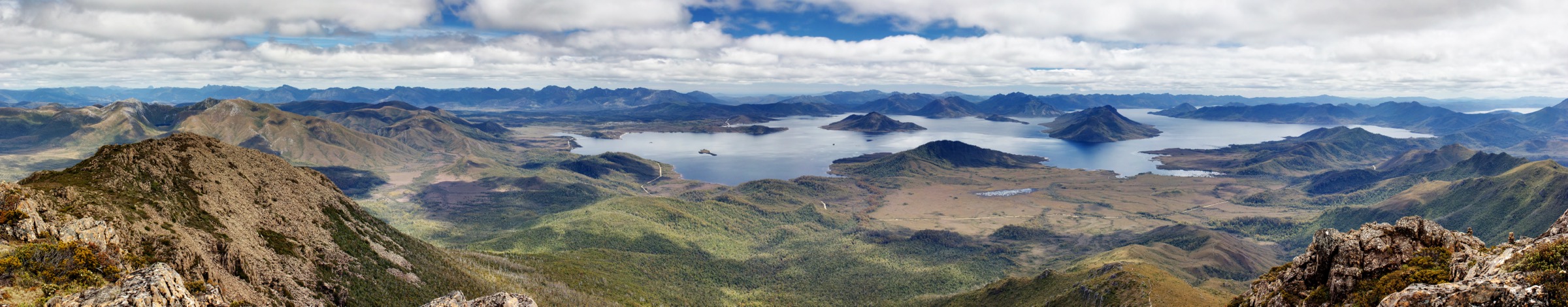 Panoramic view of Lake Pedder from the Eliza Plateau, Southwest National Park, Tasmania, with the Franklin Range visible in the background