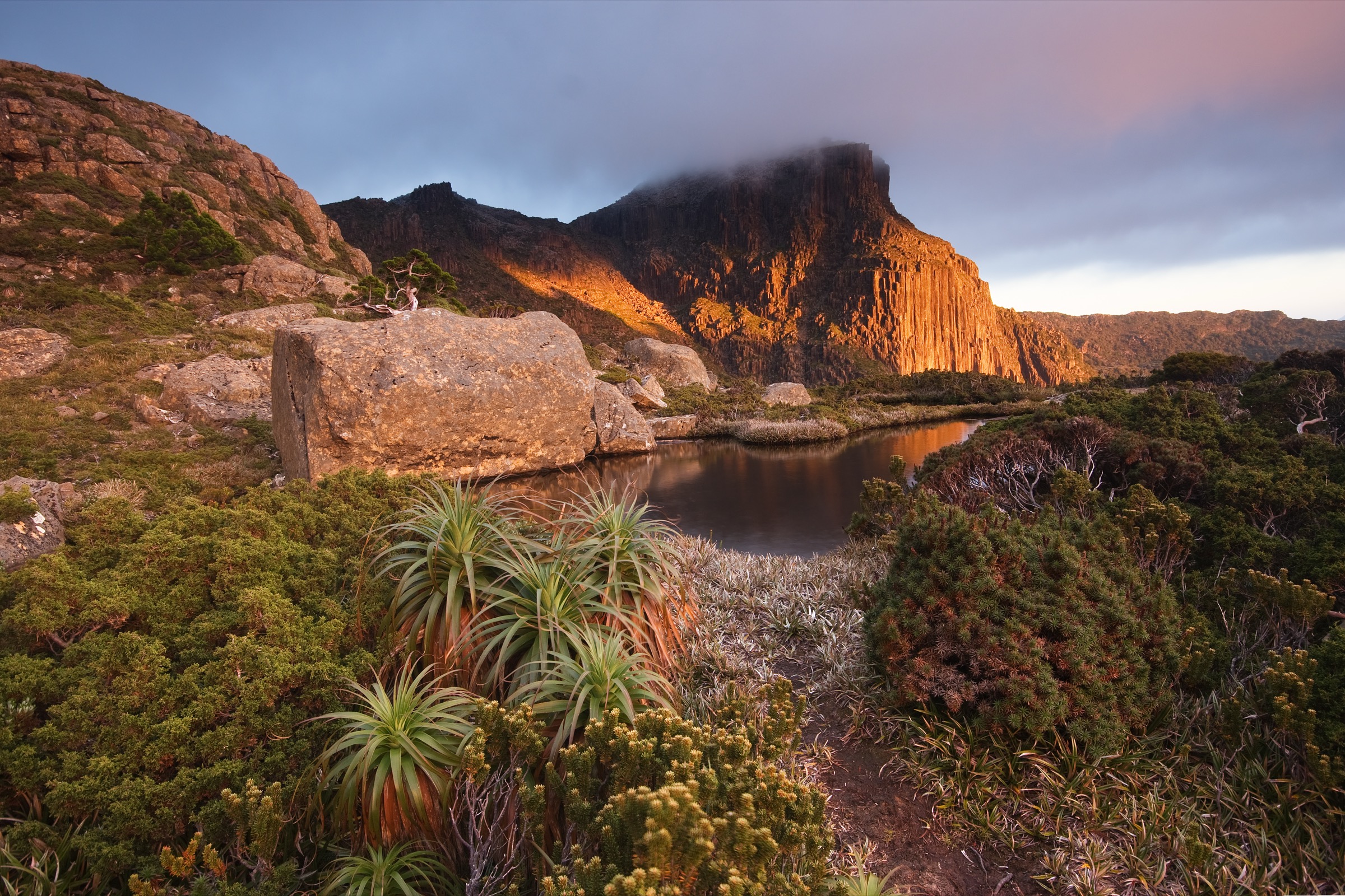 Mount Anne viewed from High Shelf Camp, Southwest National Park, Tasmania, showing the dolerite summit cap rising above quartzite slopes