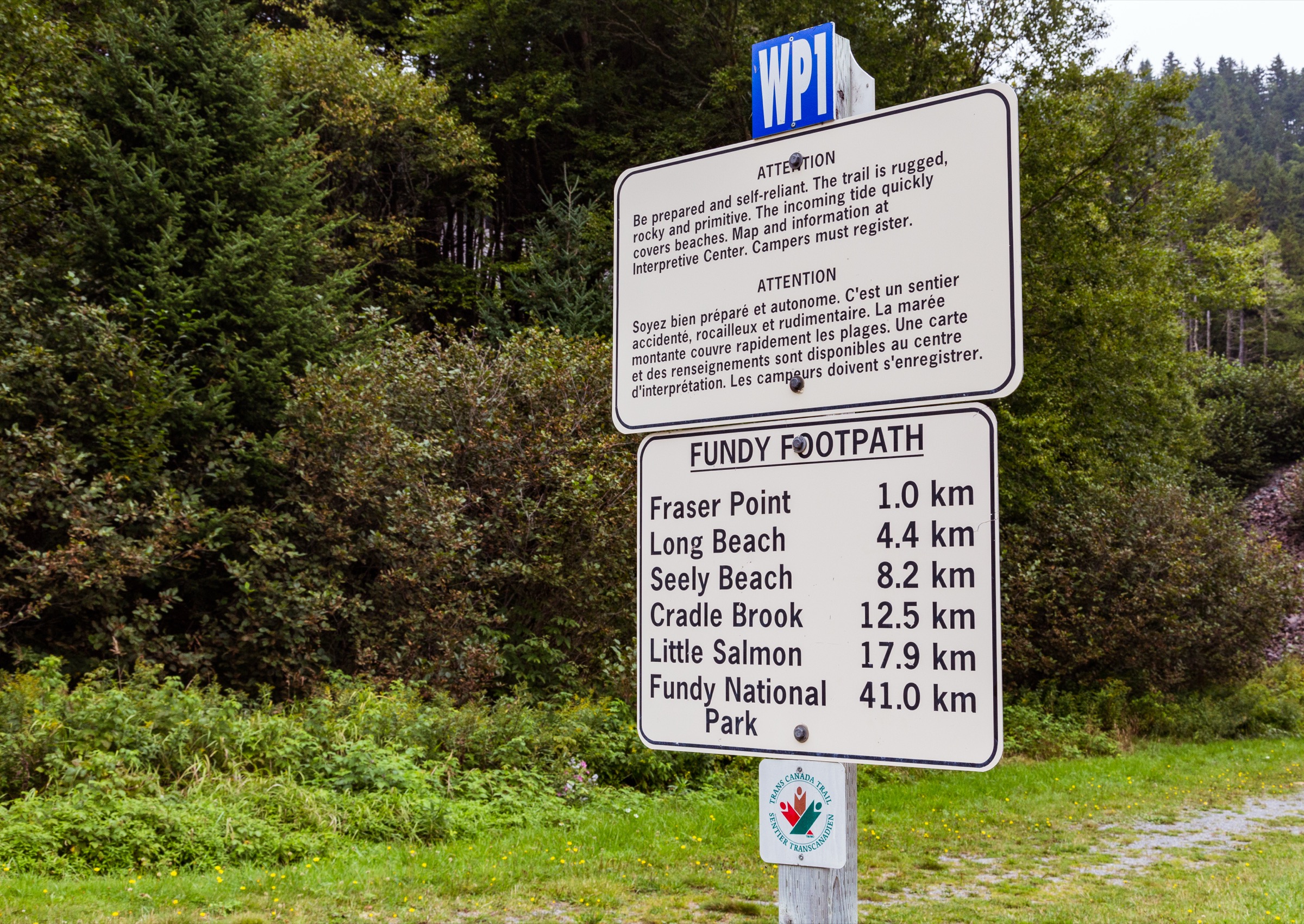 Fundy Footpath trailhead sign near Big Salmon River on the Fundy Trail Parkway