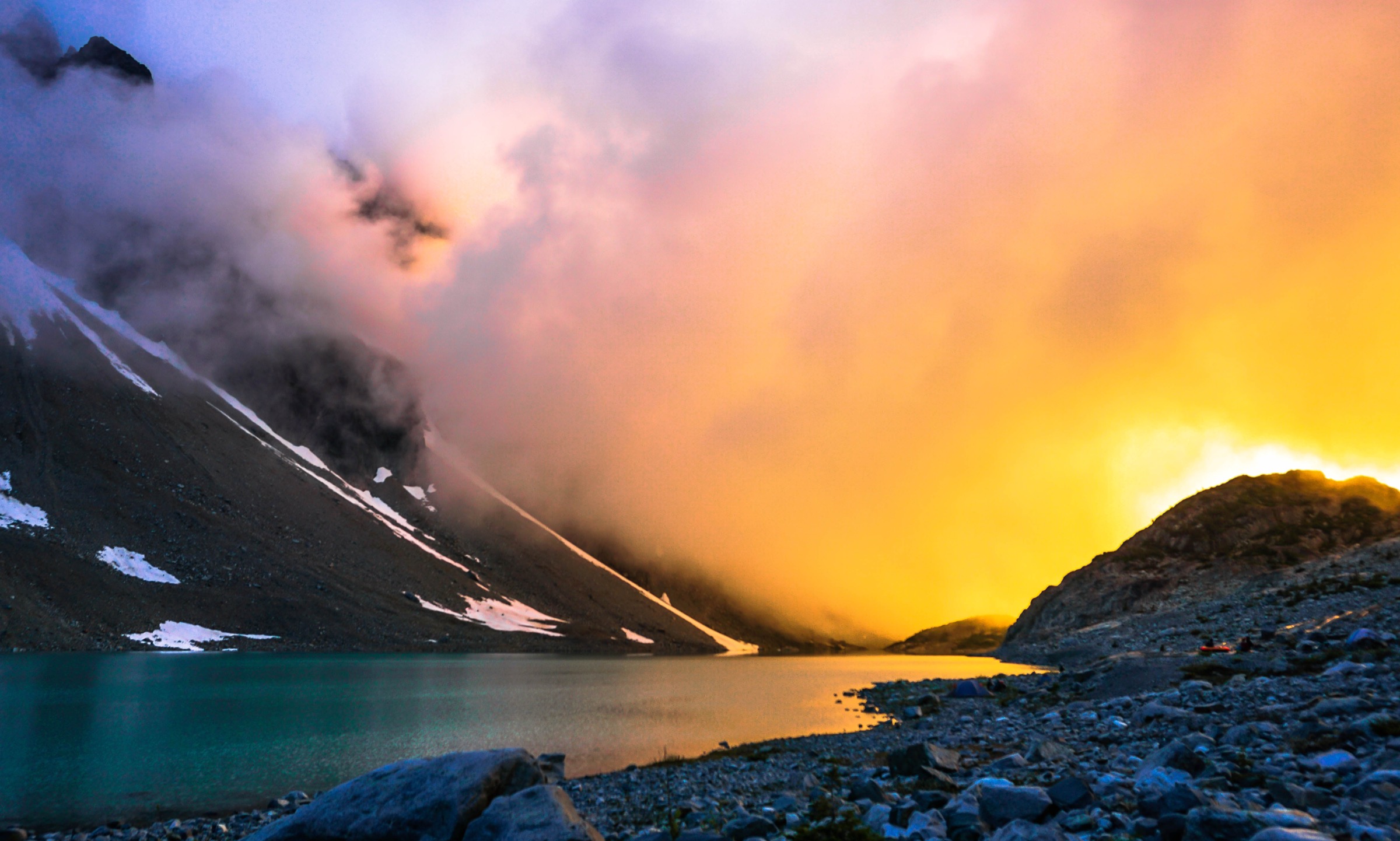 Wedgemount Lake at sunset under the Wedgemount Glacier