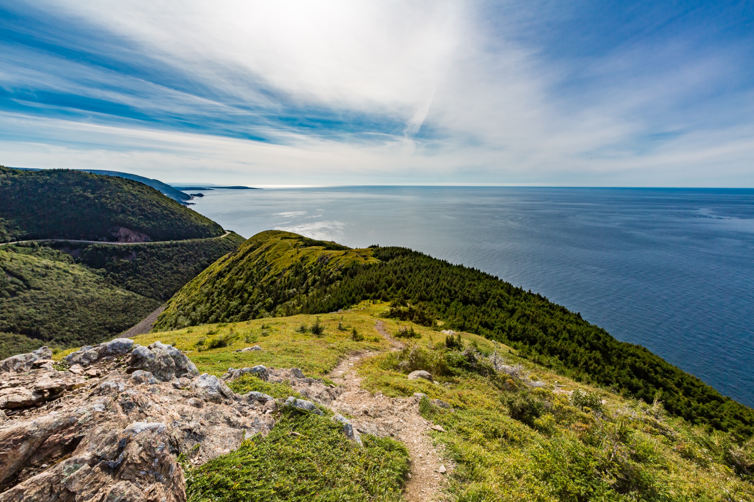 Skyline Trail boardwalk descending the headland toward the Gulf of St Lawrence