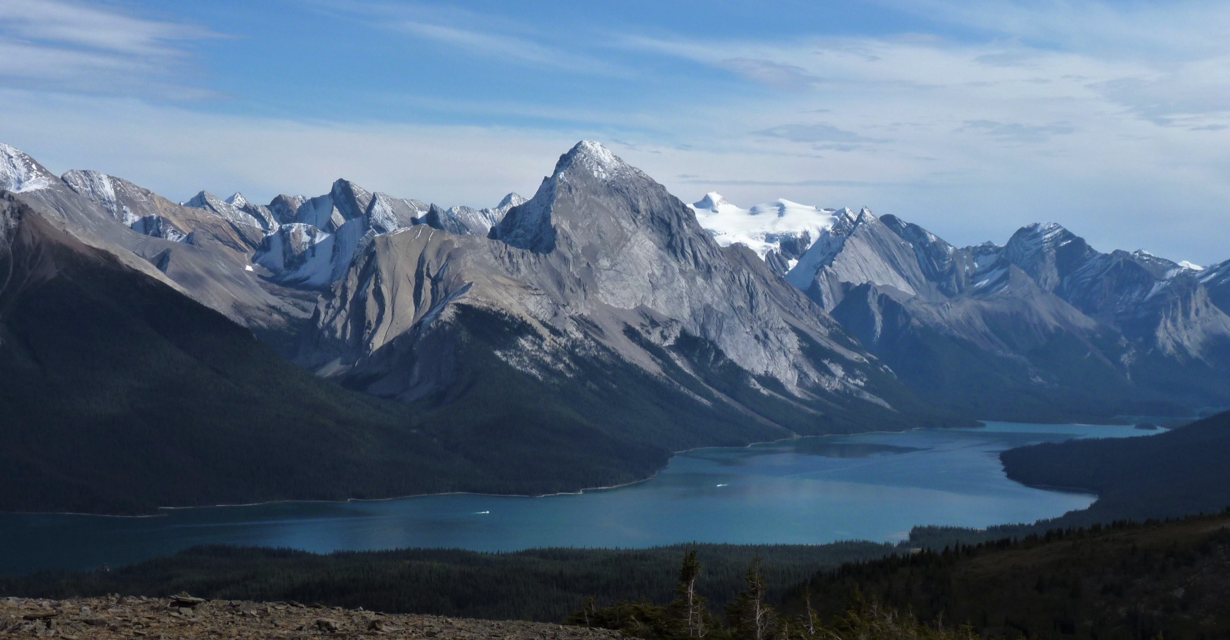 Panorama south down Maligne Lake from the Bald Hills, Jasper National Park