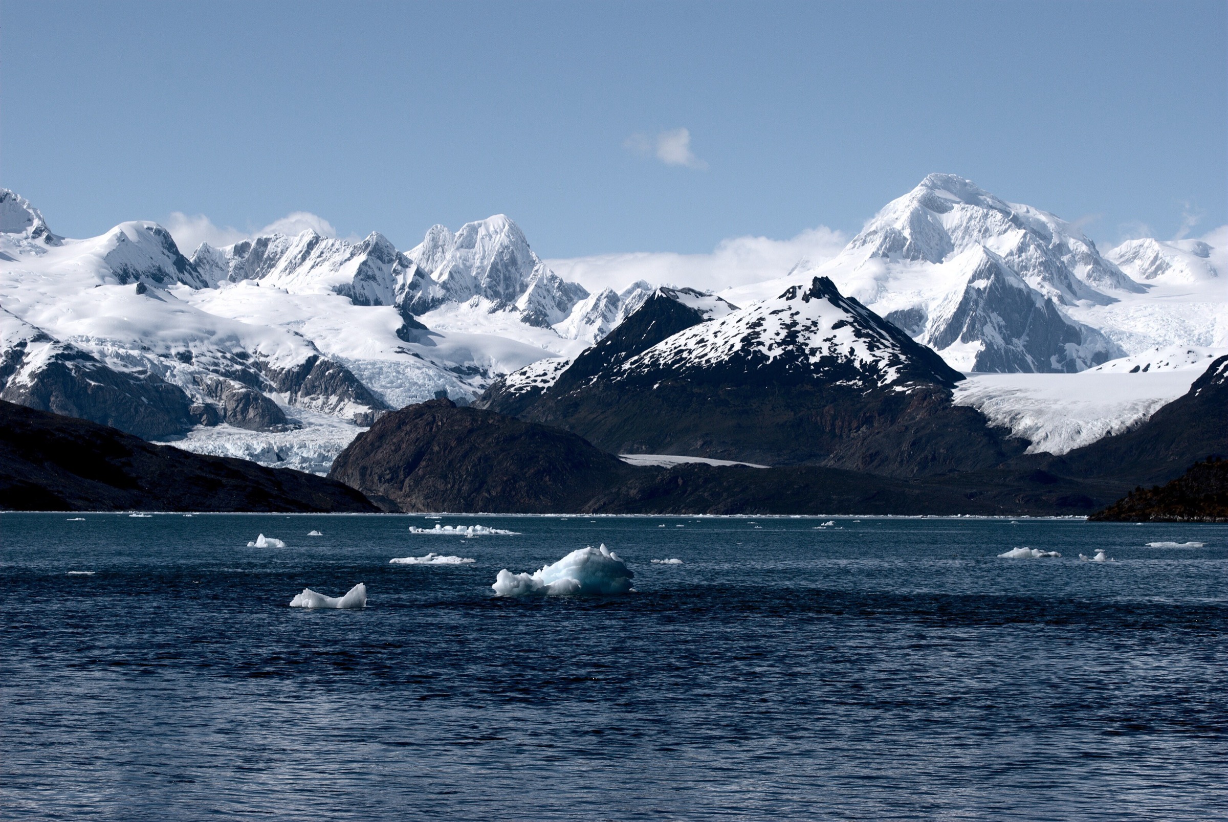Ainsworth Bay and the Marinelli Glacier in the Cordillera Darwin, seen from the Almirantazgo Sound