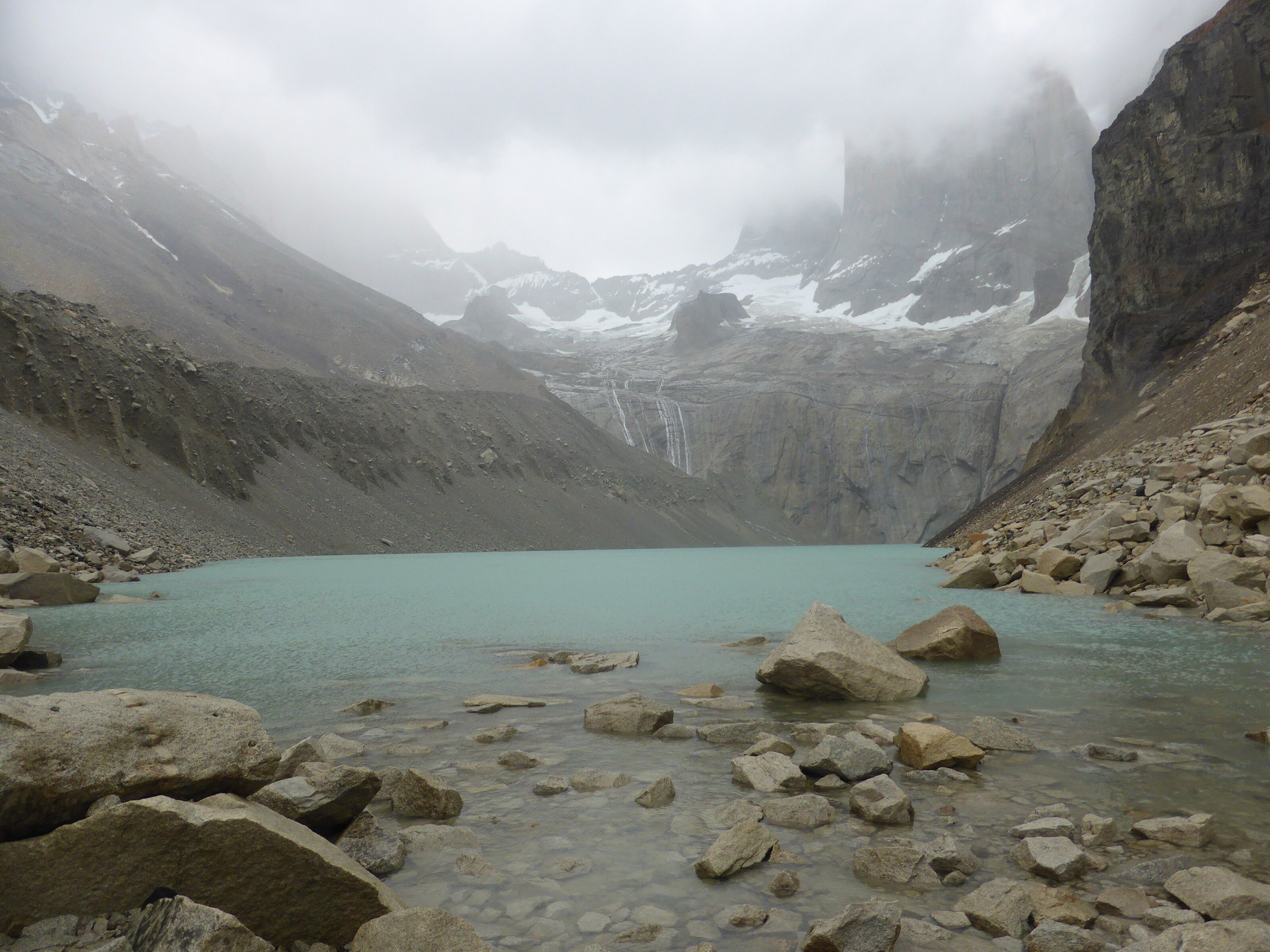 The Cordillera Paine and glacial lake at the Mirador Base de las Torres in Torres del Paine National Park