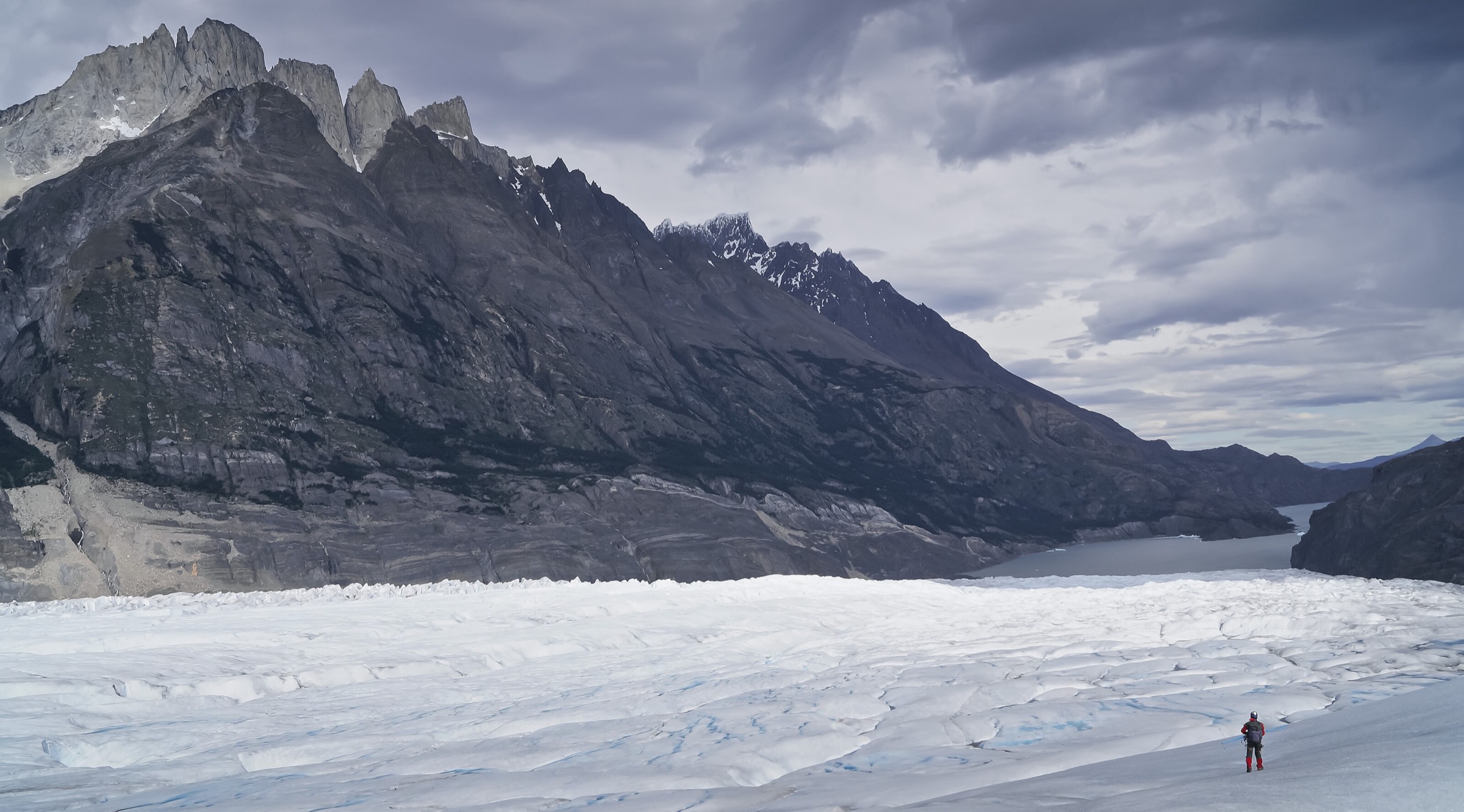 Wide view of Grey Glacier meeting Lago Grey in Torres del Paine National Park