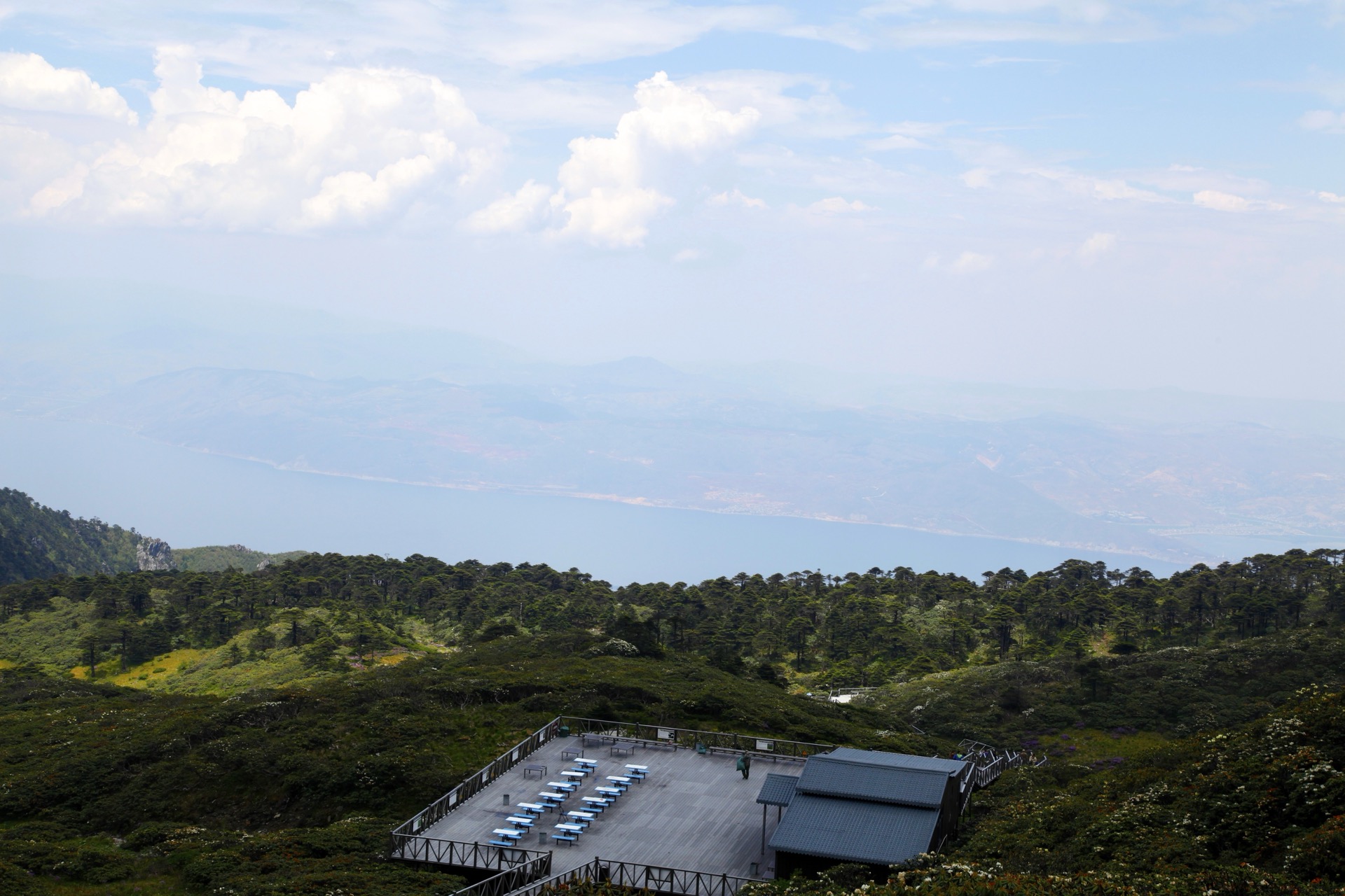 The Cangshan range above Dali, with the Jade Belt Cloud Road contouring along the mid-mountain bench