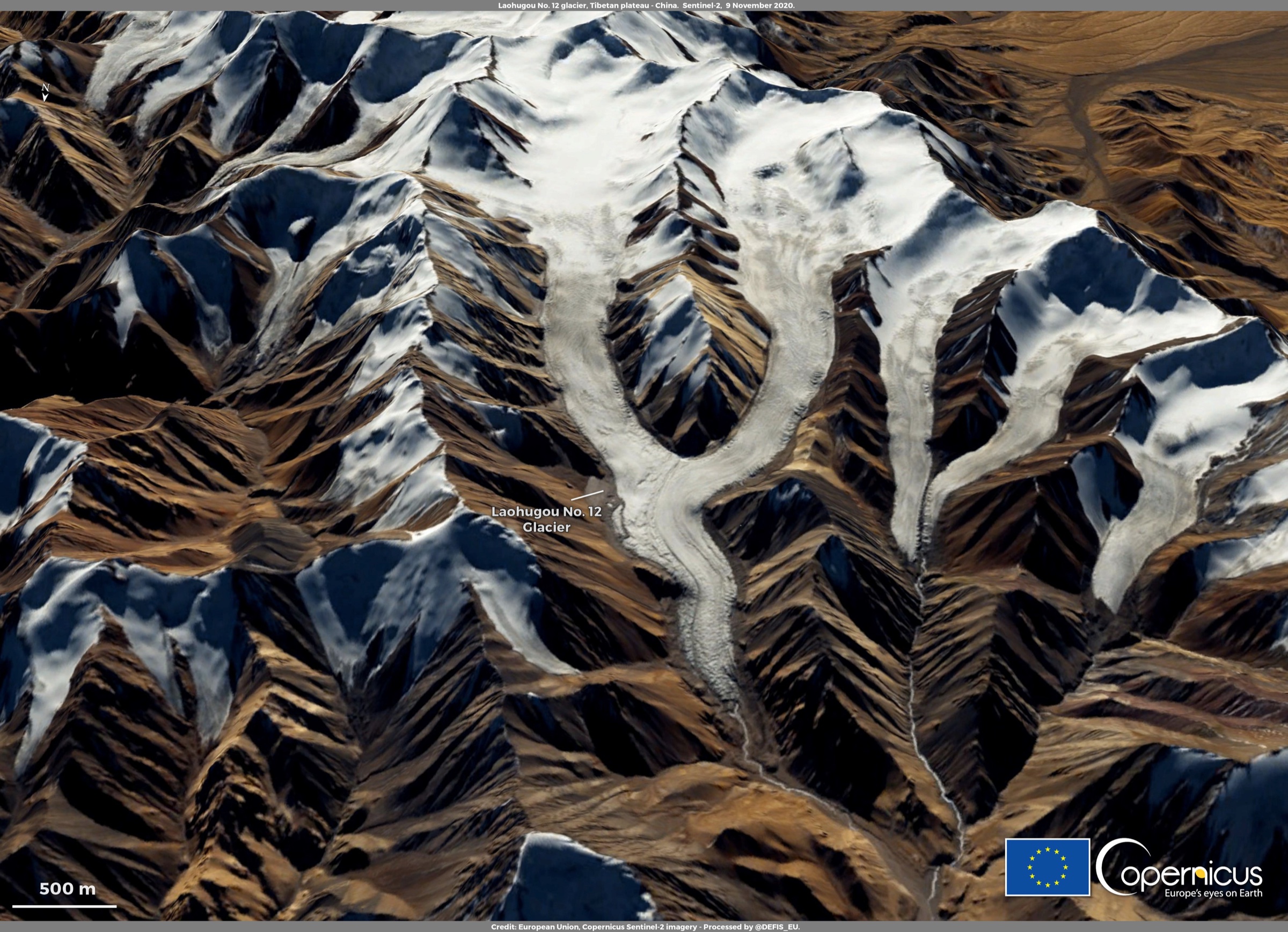 Satellite-derived view of Laohugou No. 12 / Touming Mengke Glacier in the western Qilian Mountains