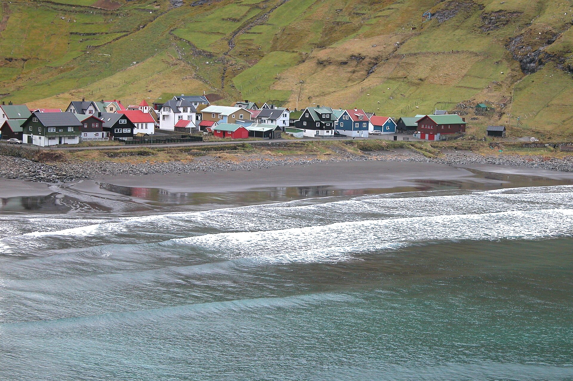 Tjørnuvík village with Risin og Kellingin sea stacks beyond