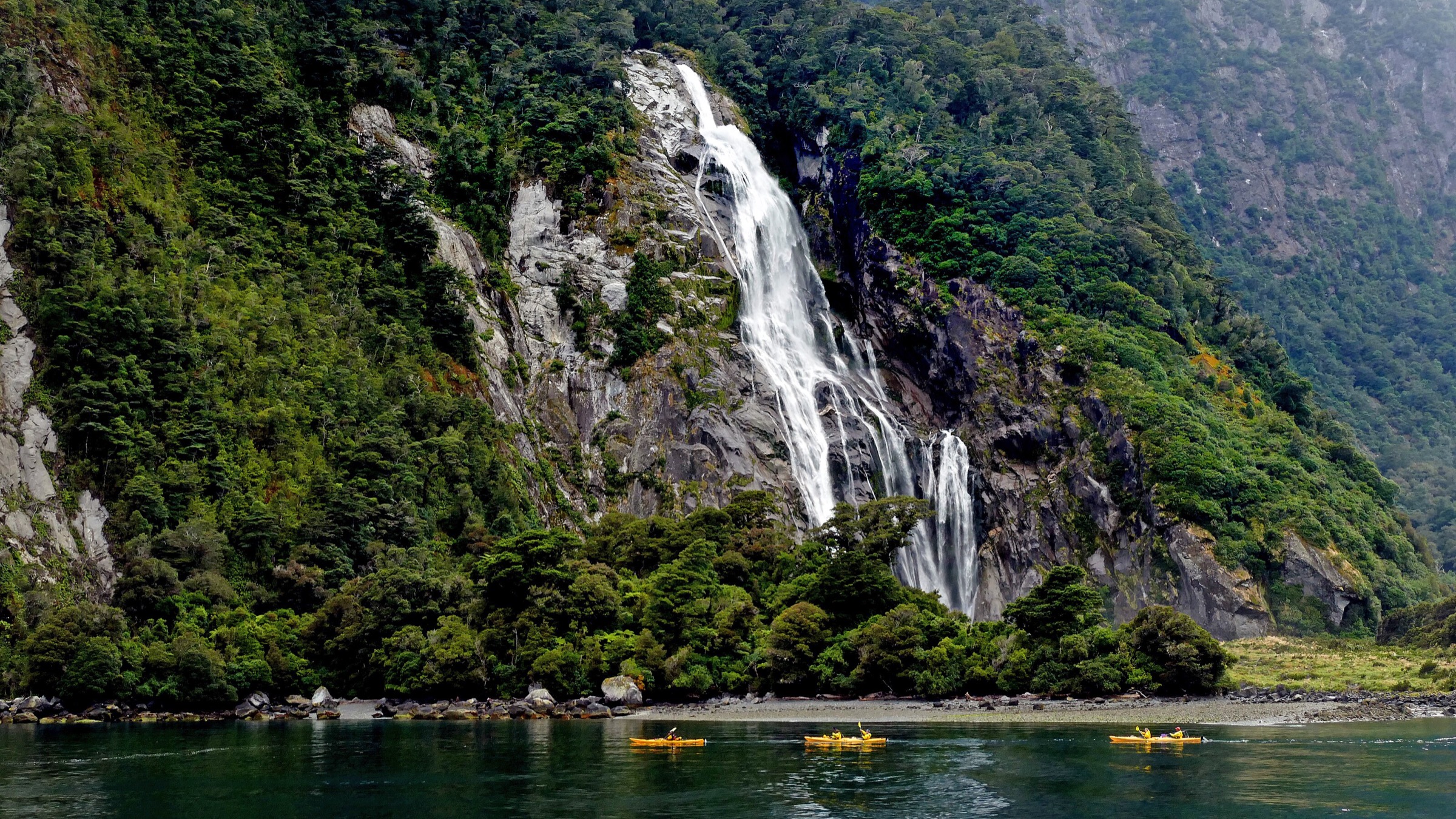Lady Bowen Falls plunging into Milford Sound