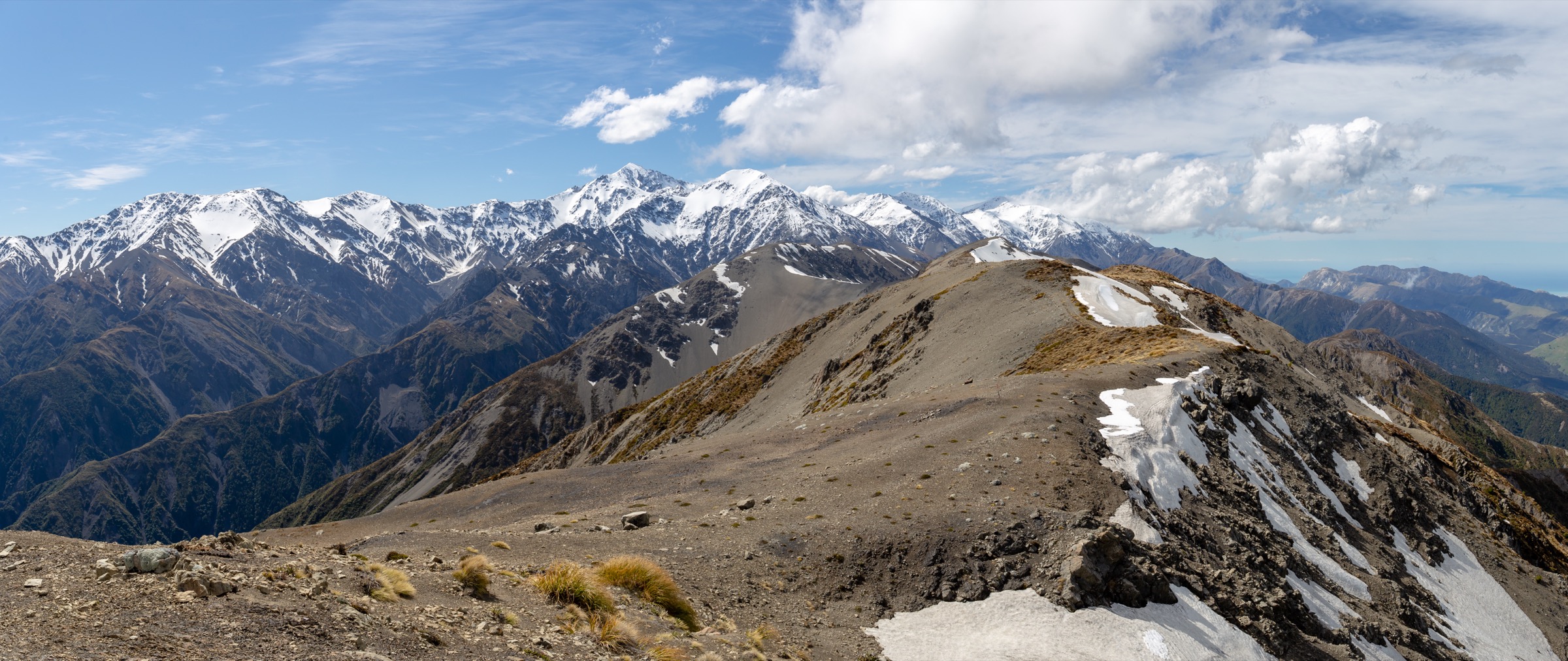 Panoramic view from the Mt Fyffe summit ridge across the Seaward Kaikōura Range