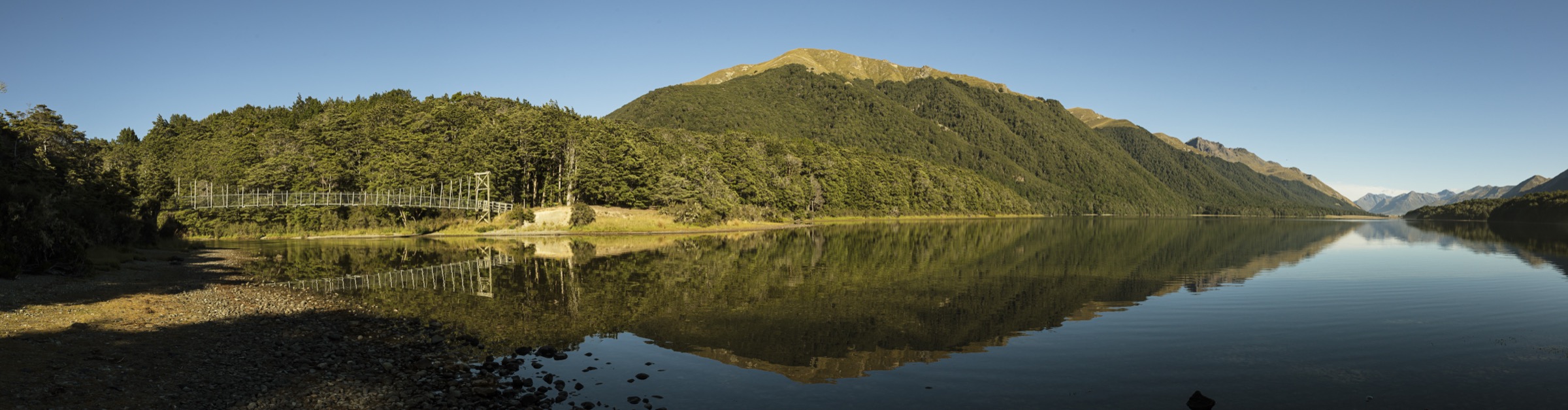 Panorama of South Mavora Lake, where the long-day route from the road begins