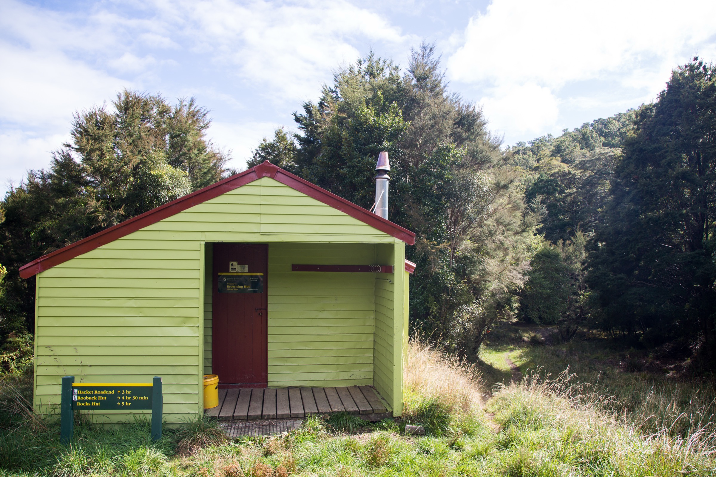 A DOC hut on the Browning Track in Mount Richmond Forest Park — representative of the beech-forest hut country the Wairoa sector shares