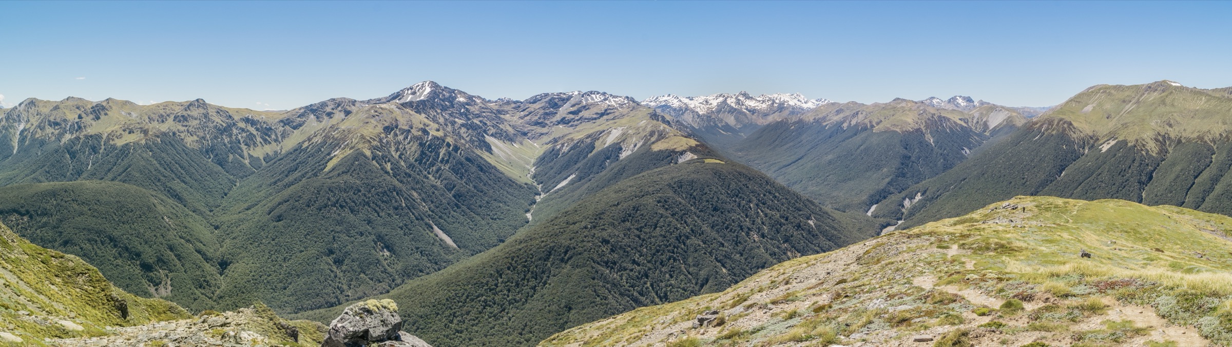 Panoramic view of the Freyberg Range and Spenser Mountains crest into which Waiau Pass cuts, from Lewis Tops, New Zealand