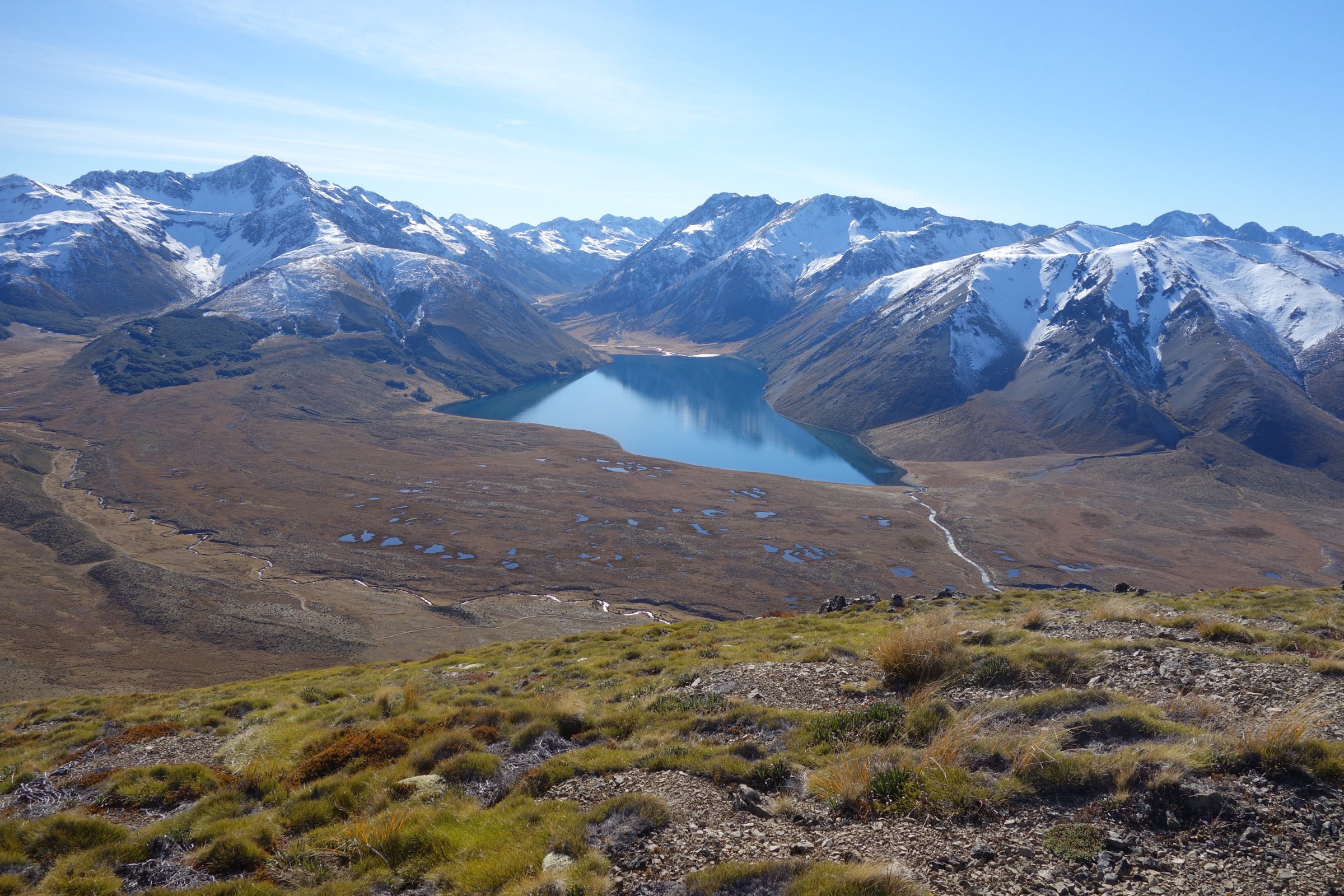 Open tussock climb overlooking Lake Tennyson, Rainbow Road, and the Clarence River valley, New Zealand