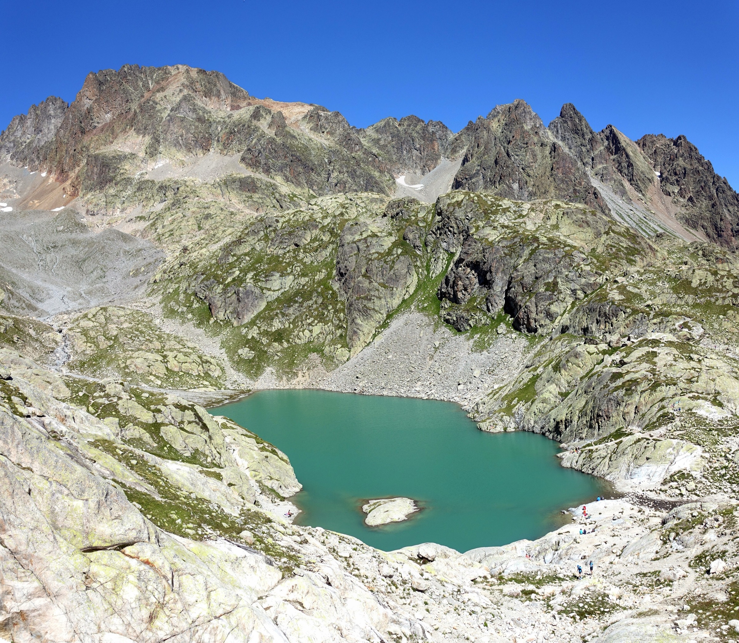 Lac Blanc in the Aiguilles Rouges above Chamonix, looking towards the Mont Blanc massif