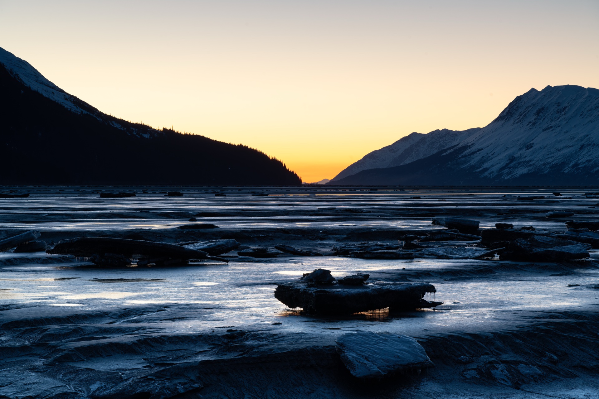 Low-tide sunset on Turnagain Arm, south shore near Hope
