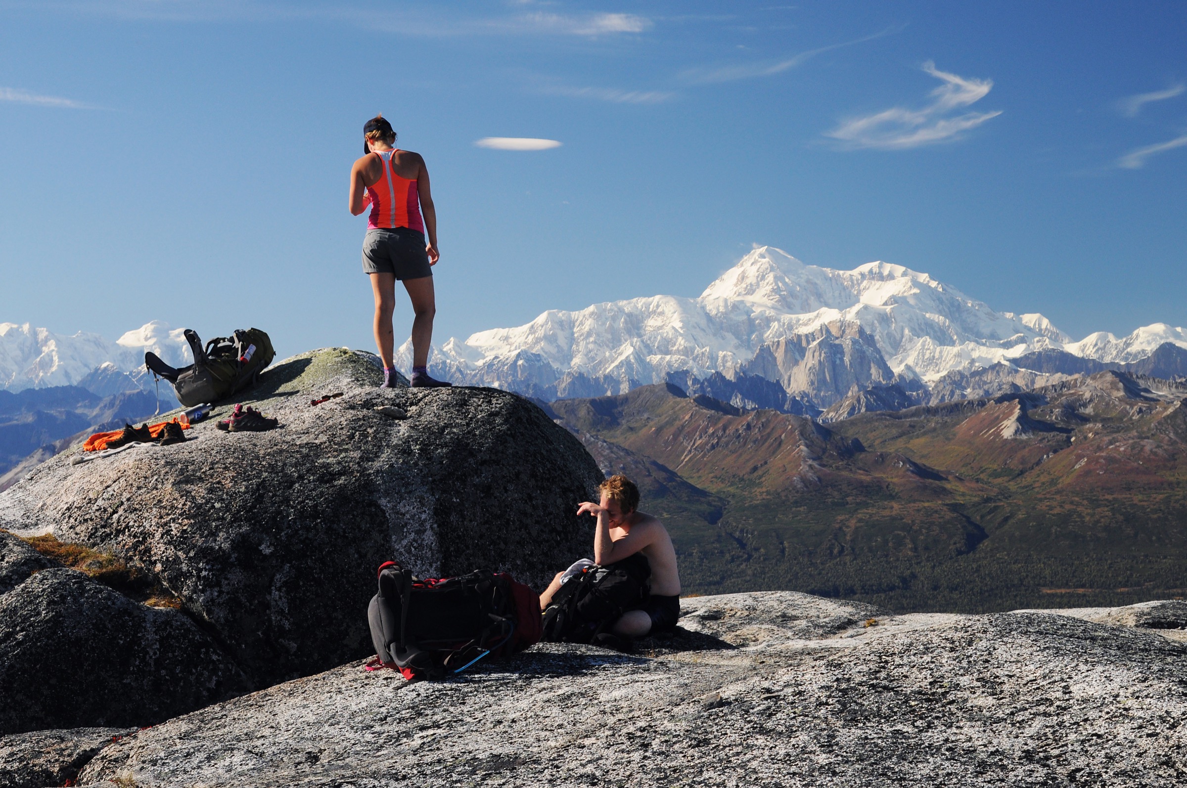 Hiker on Kesugi Ridge with Denali in the background, Denali State Park, Alaska