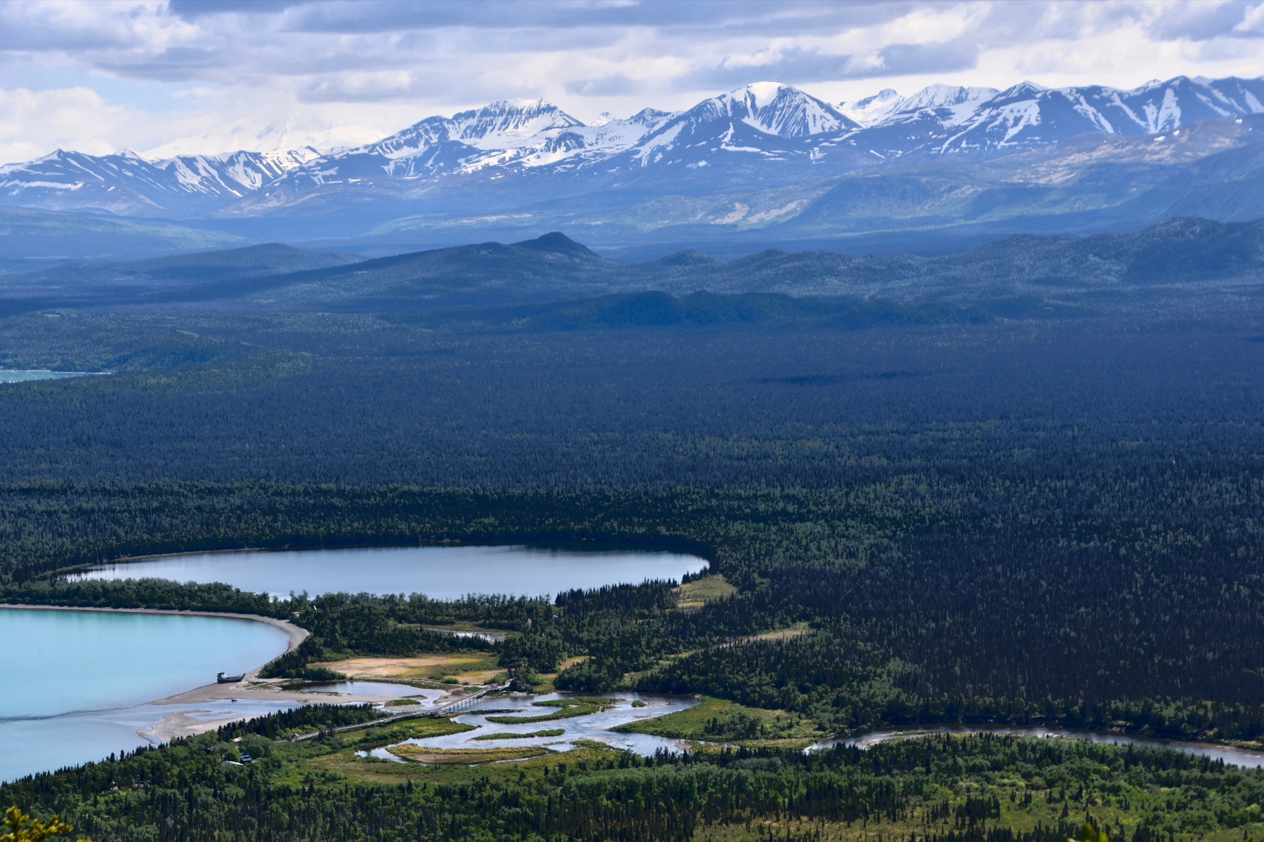 View from the Dumpling Mountain trail down to the Brooks River bridge and Naknek Lake