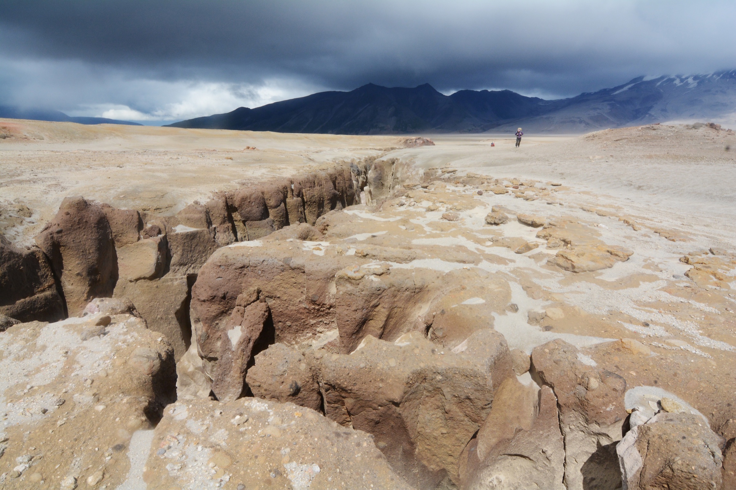 Hiker on the ash floor of the Valley of Ten Thousand Smokes