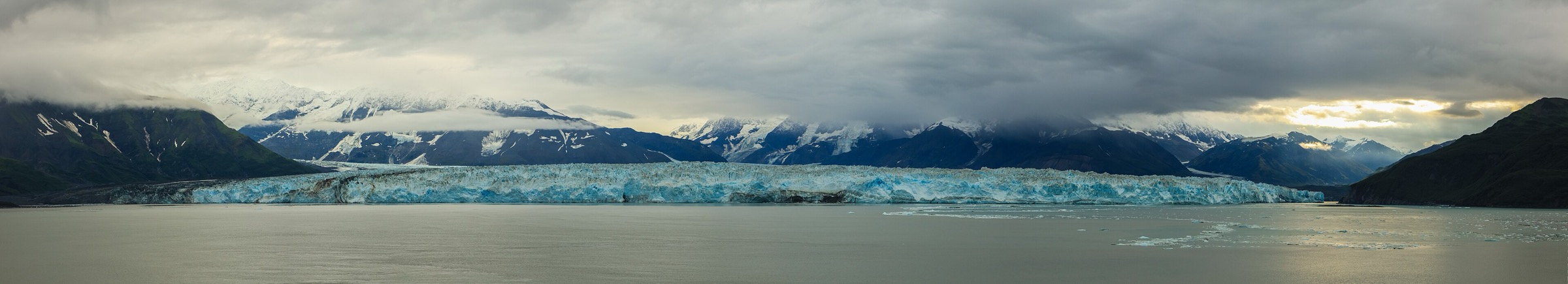 Panoramic view of Hubbard Glacier, which periodically blocks the outlet of Russell Fjord in Alaska