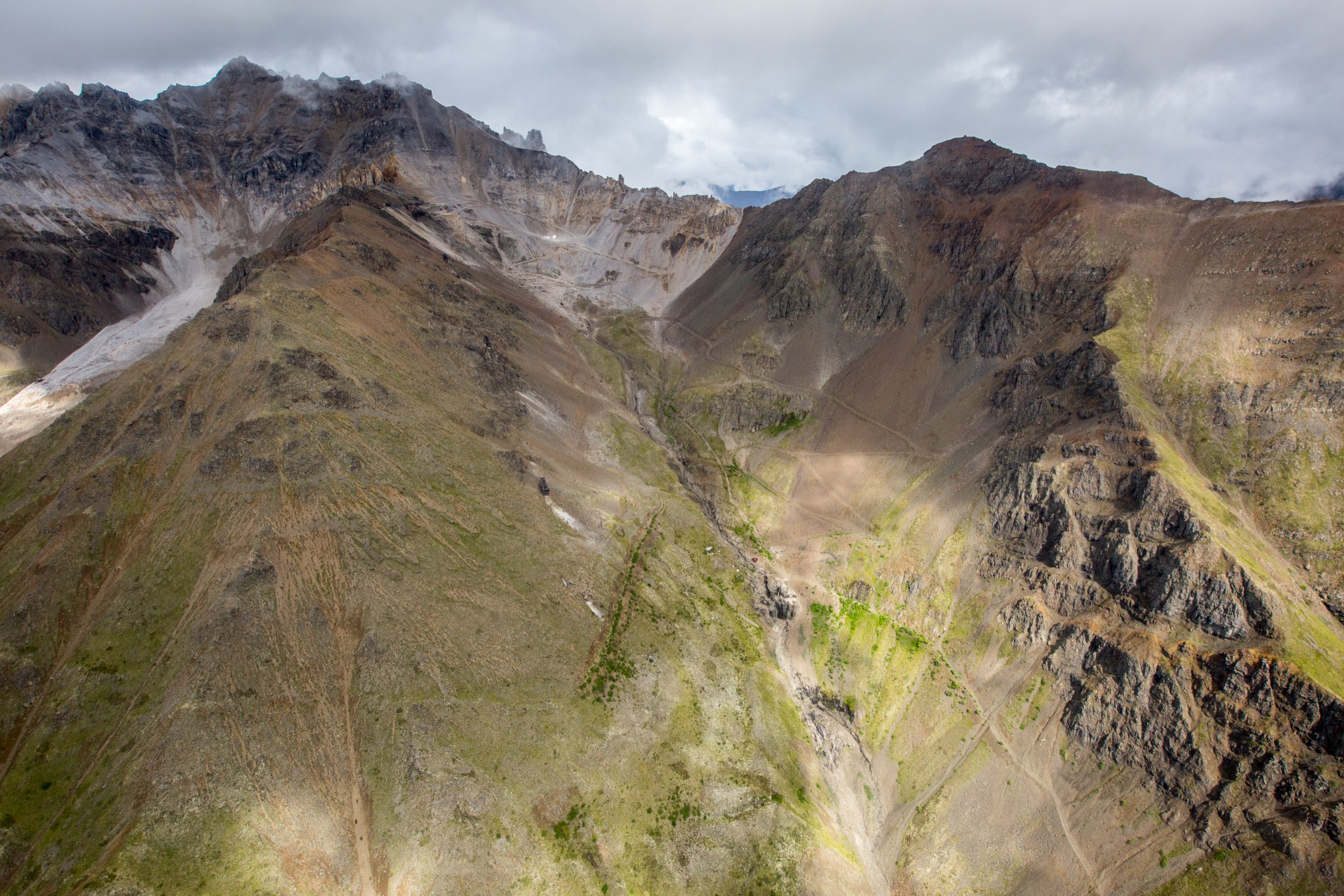 The old wagon route climbing Bonanza Ridge above Kennecott toward the Bonanza Mine, Wrangell Mountains