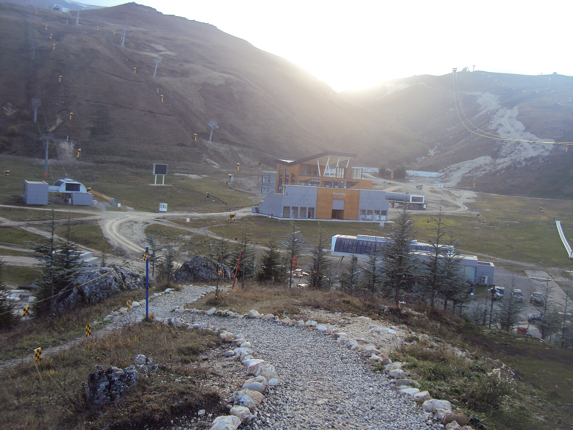 The summer resort base and surrounding brown mountain ridges at Shahdag