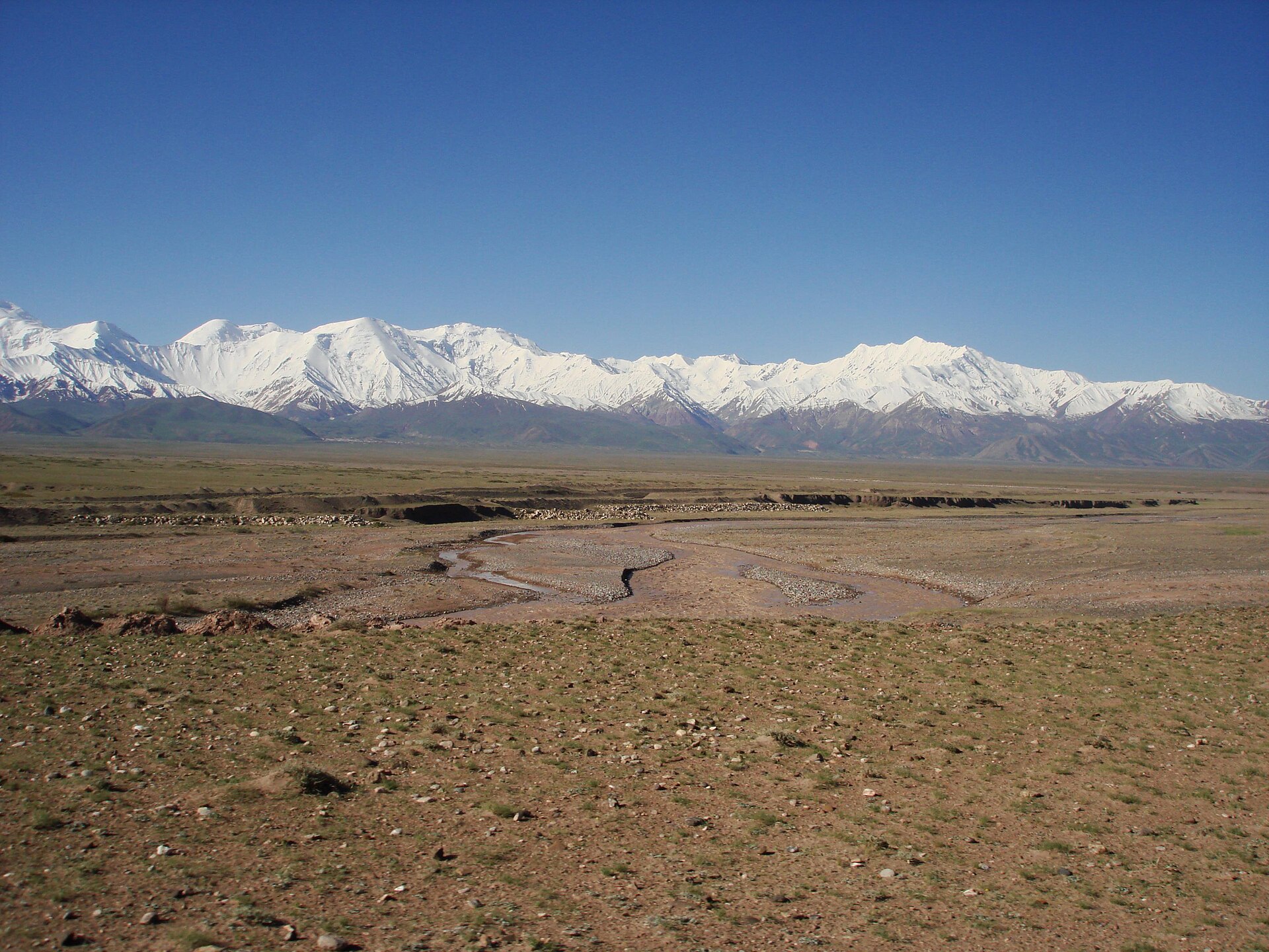 A broad dry Alay Valley beneath a continuous line of snowy mountains