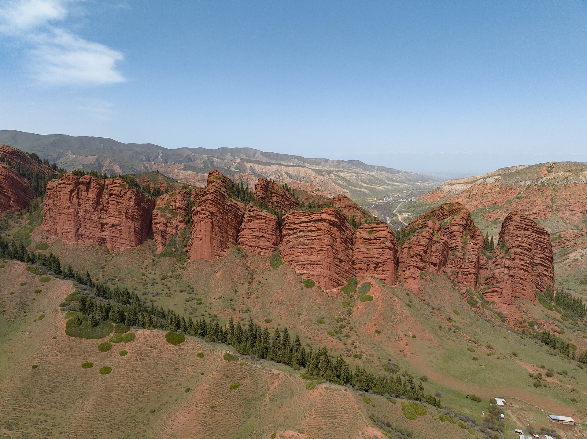 The red sandstone folds of Jeti-Oguz seen from above
