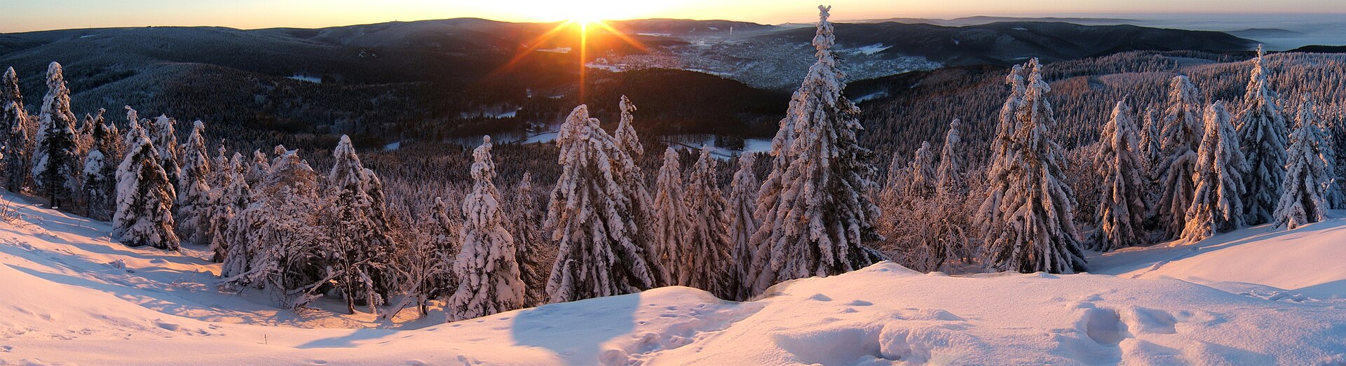 A pink and gold winter sunrise over snowy hills in the Thuringian Forest