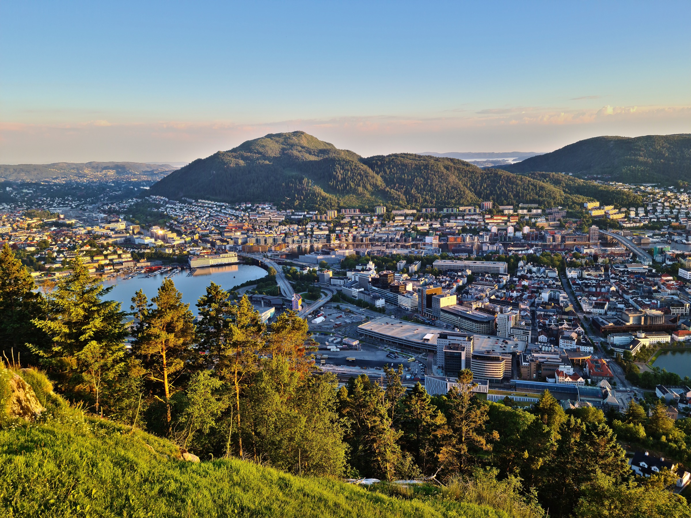 Bergen city centre, harbour and Vågen inlet seen from Mount Fløyen above the wooden houses