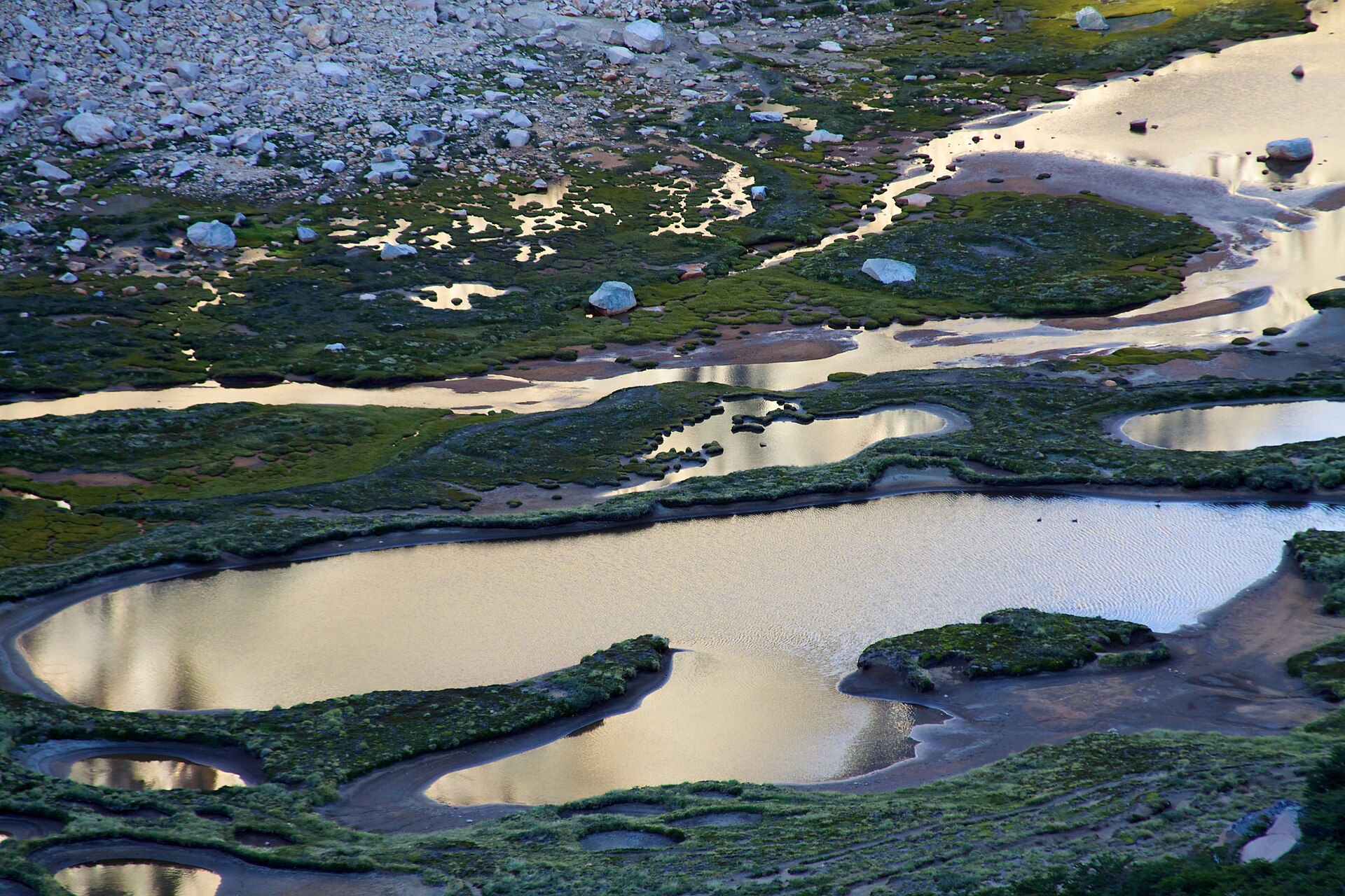 Small alpine pools reflecting sunset light in the rocky Frey basin