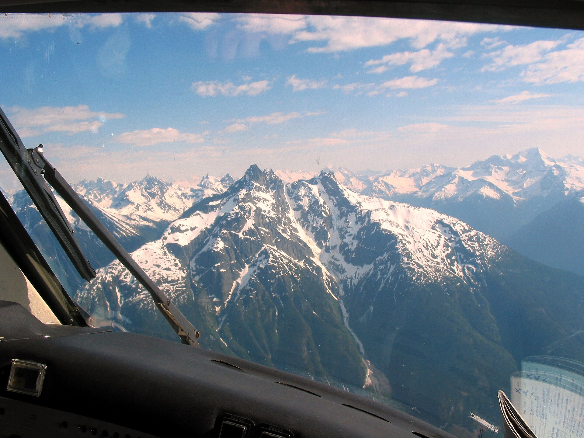 Snow-covered Coast Mountains seen from an aircraft approaching Bella Coola
