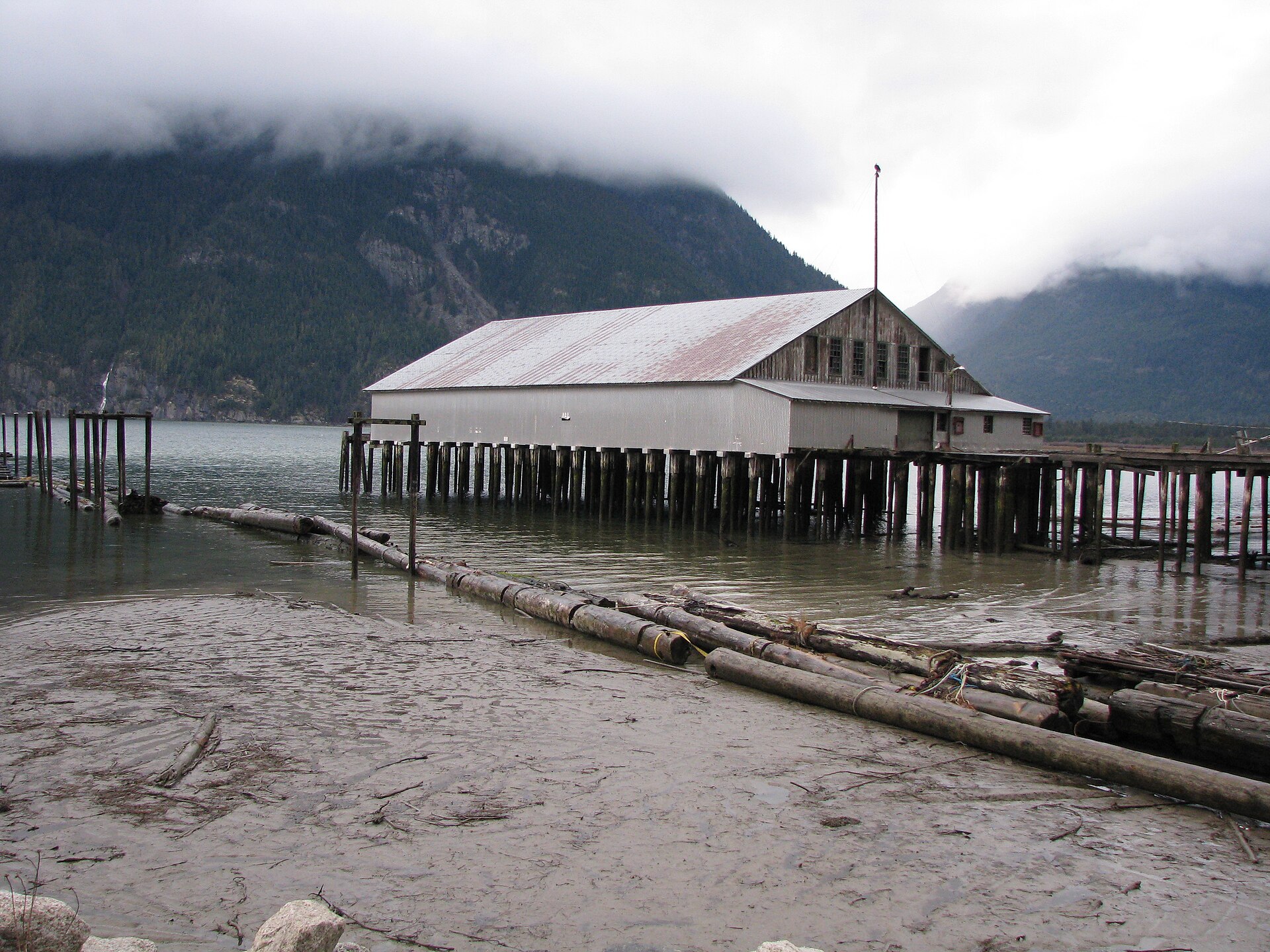 A boathouse standing in the Bella Coola estuary