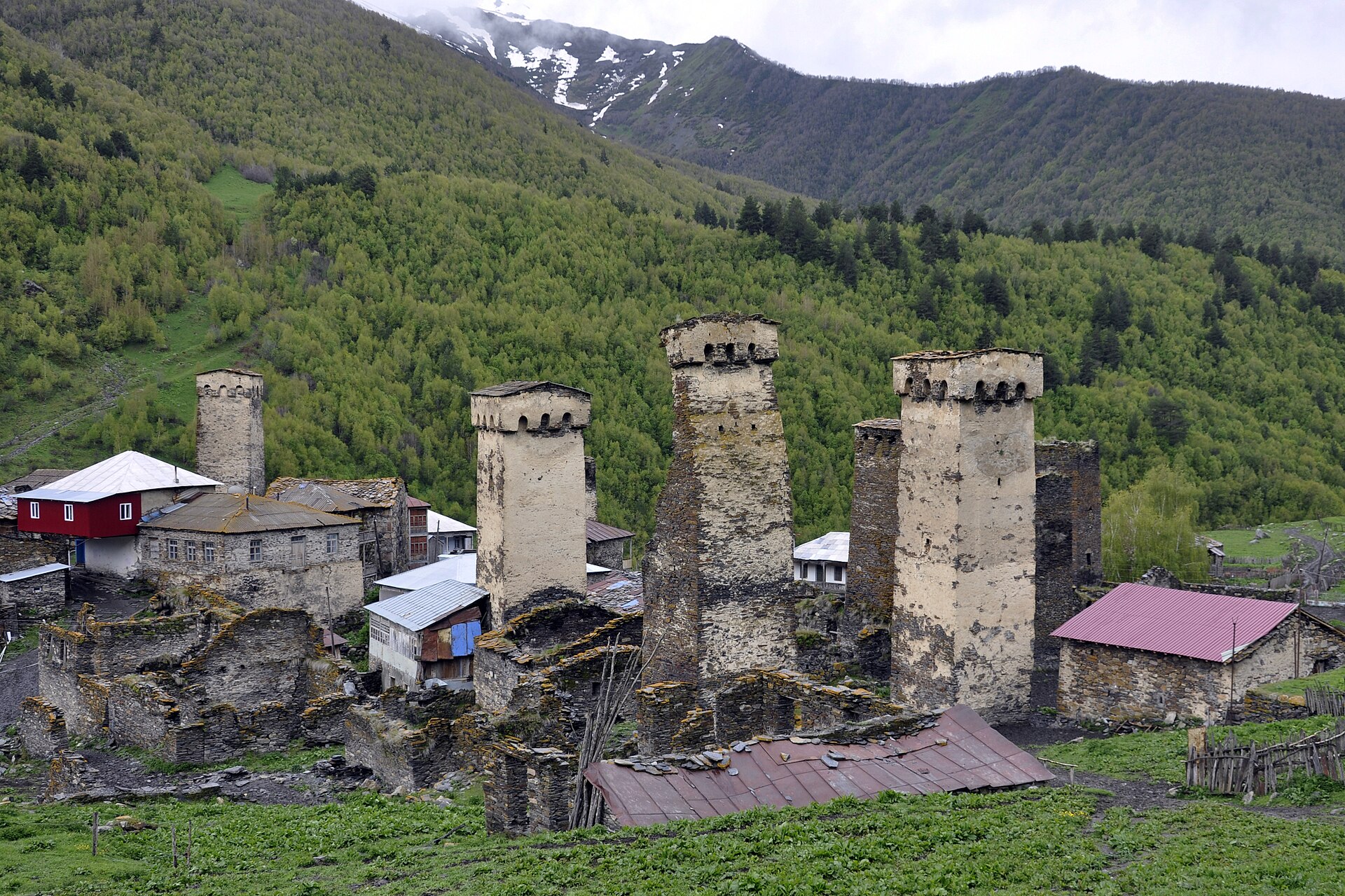 Stone defensive towers and homes in Murkmeli, one of the Ushguli villages