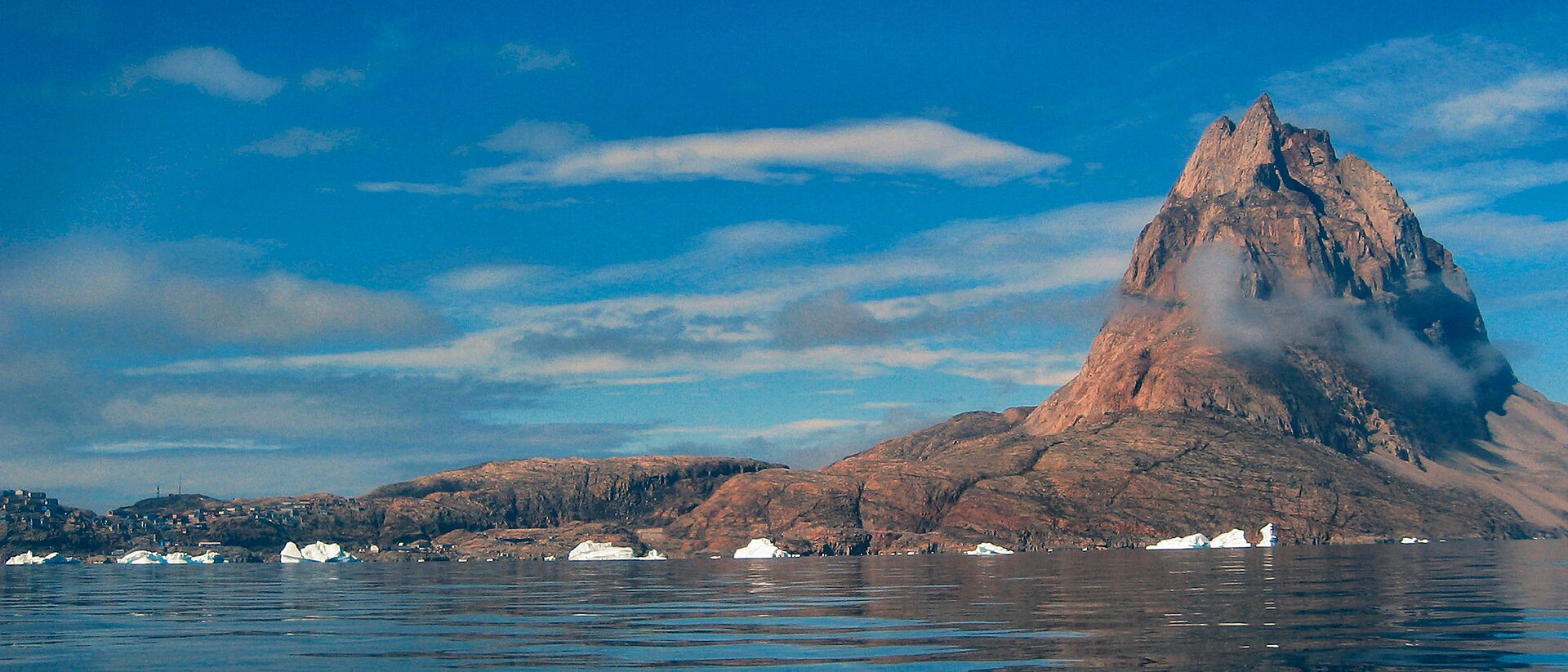 The heart-shaped Uummannaq mountain towering above the small town on its island