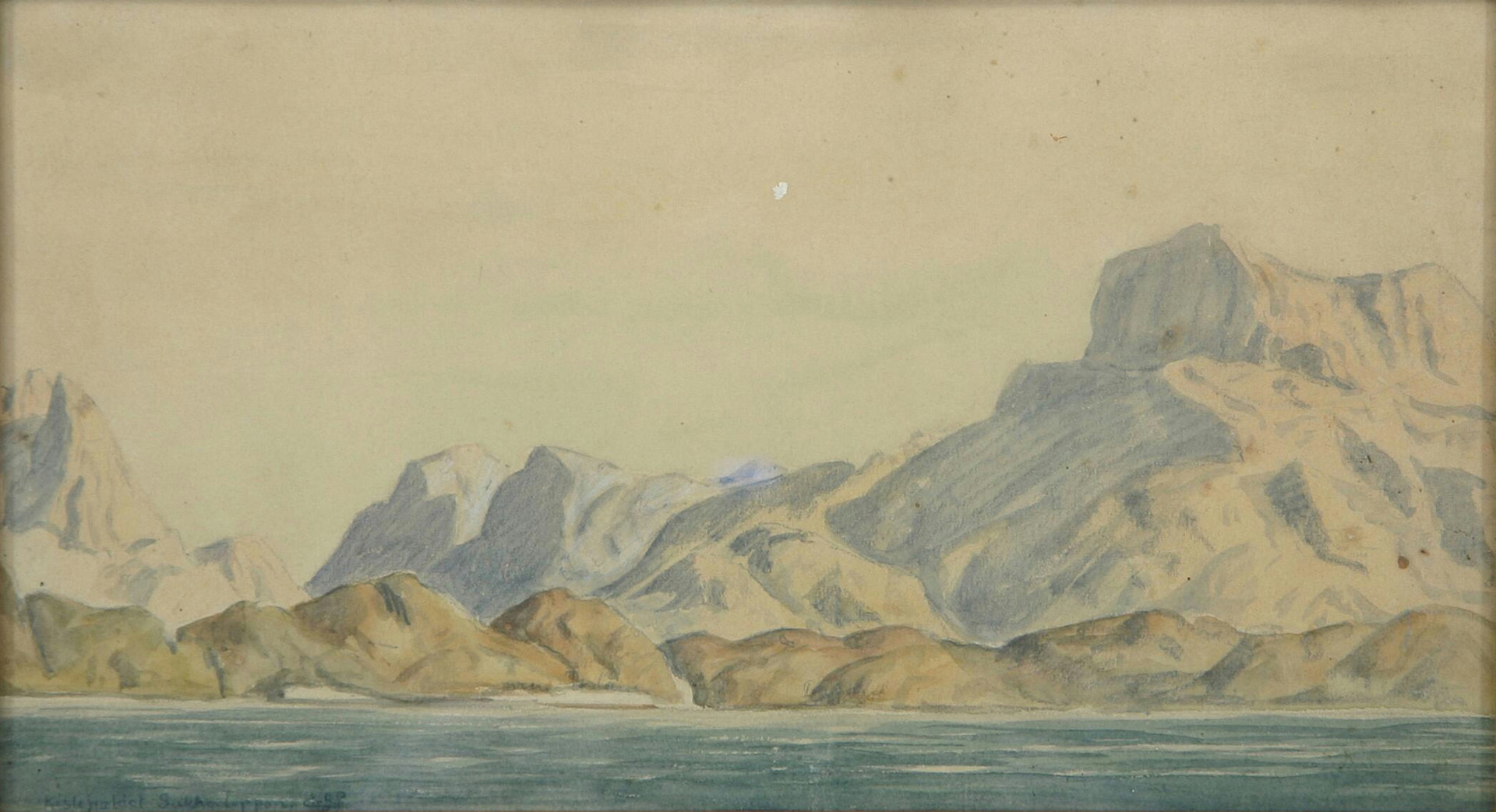 Historic painting of jagged mountains and ice near Sukkertoppen, now Maniitsoq