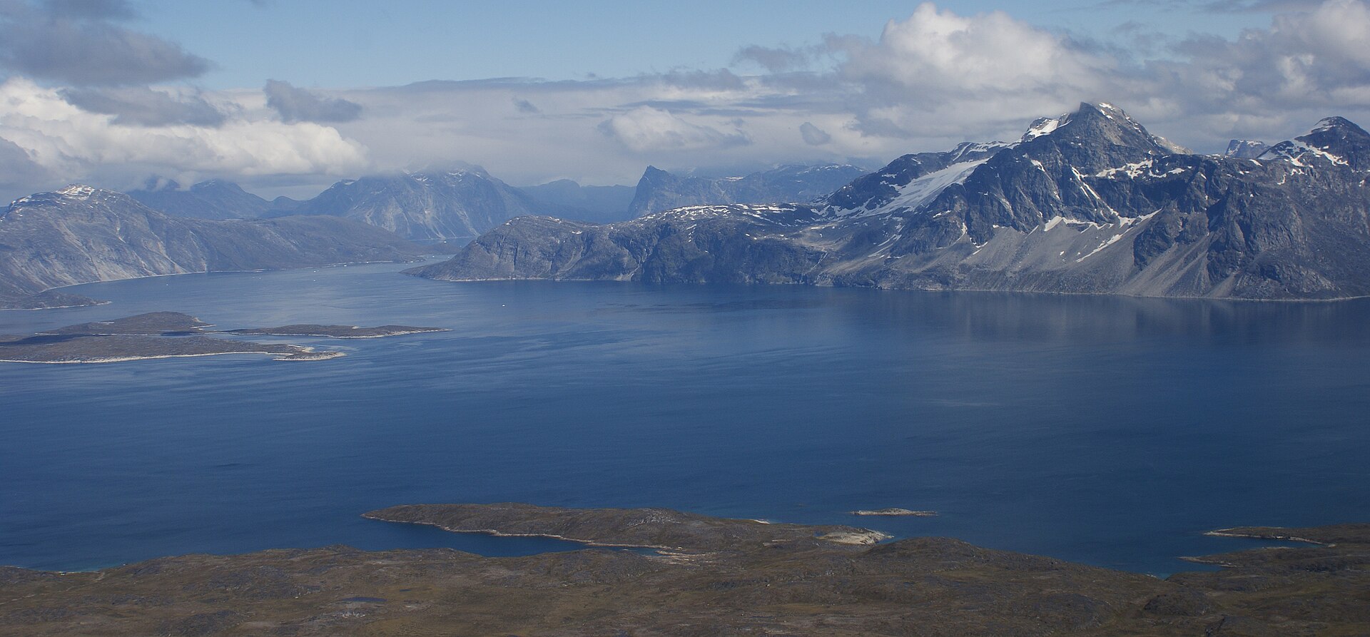 Aerial view along the branching waterways and mountains of Nuup Kangerlua