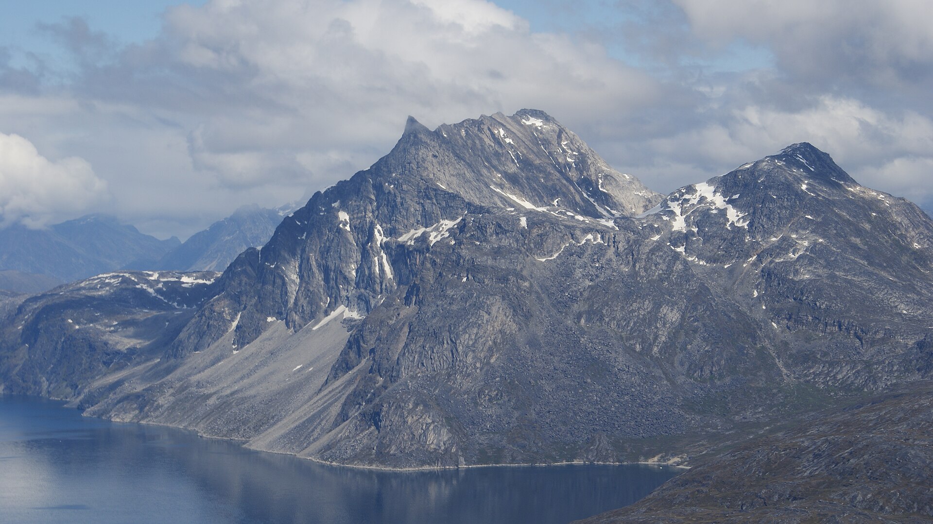 Aerial view of the steep isolated Sermitsiaq mountain in Nuuk Fjord