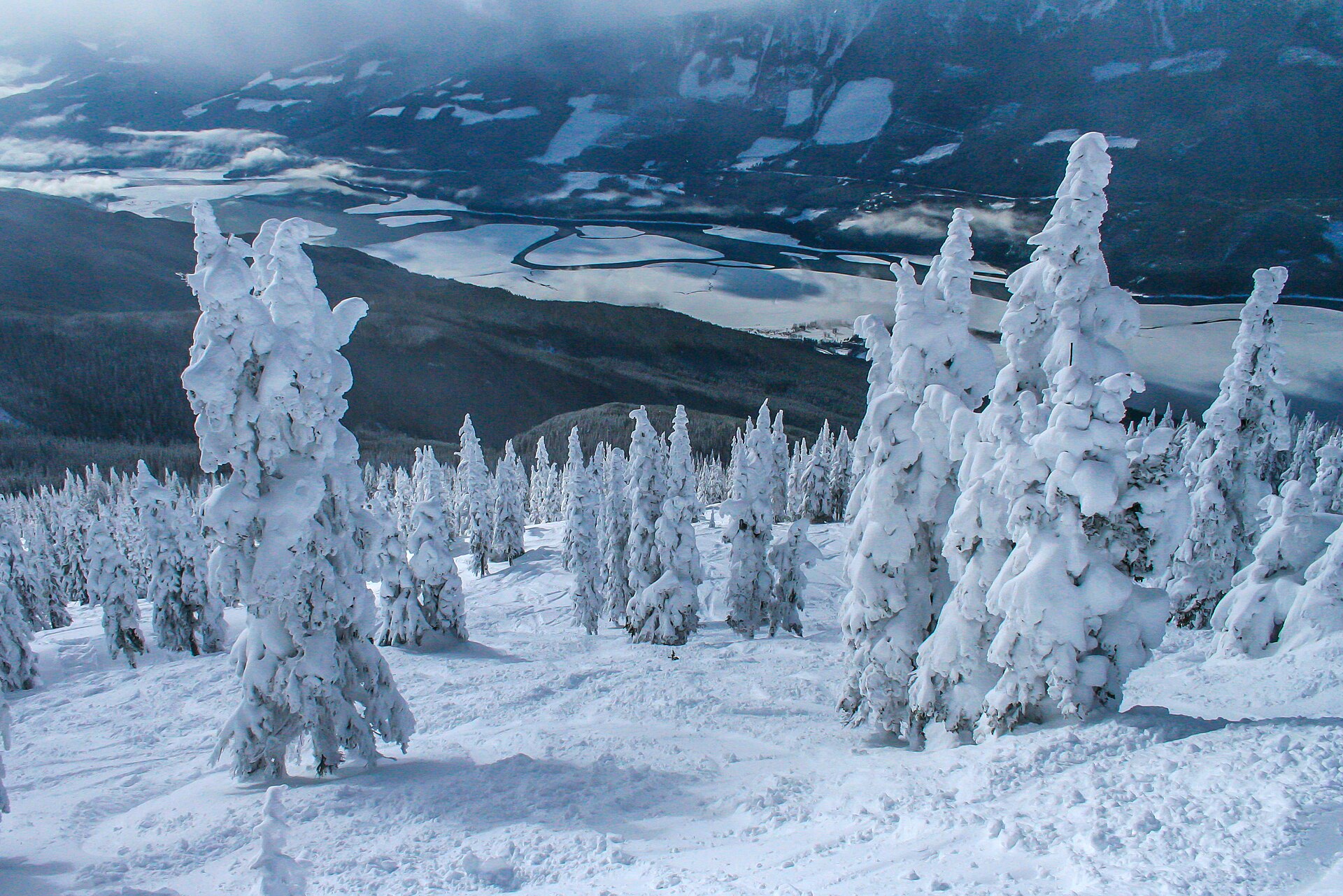 Deeply buried snow ghosts above the Columbia Valley at Revelstoke
