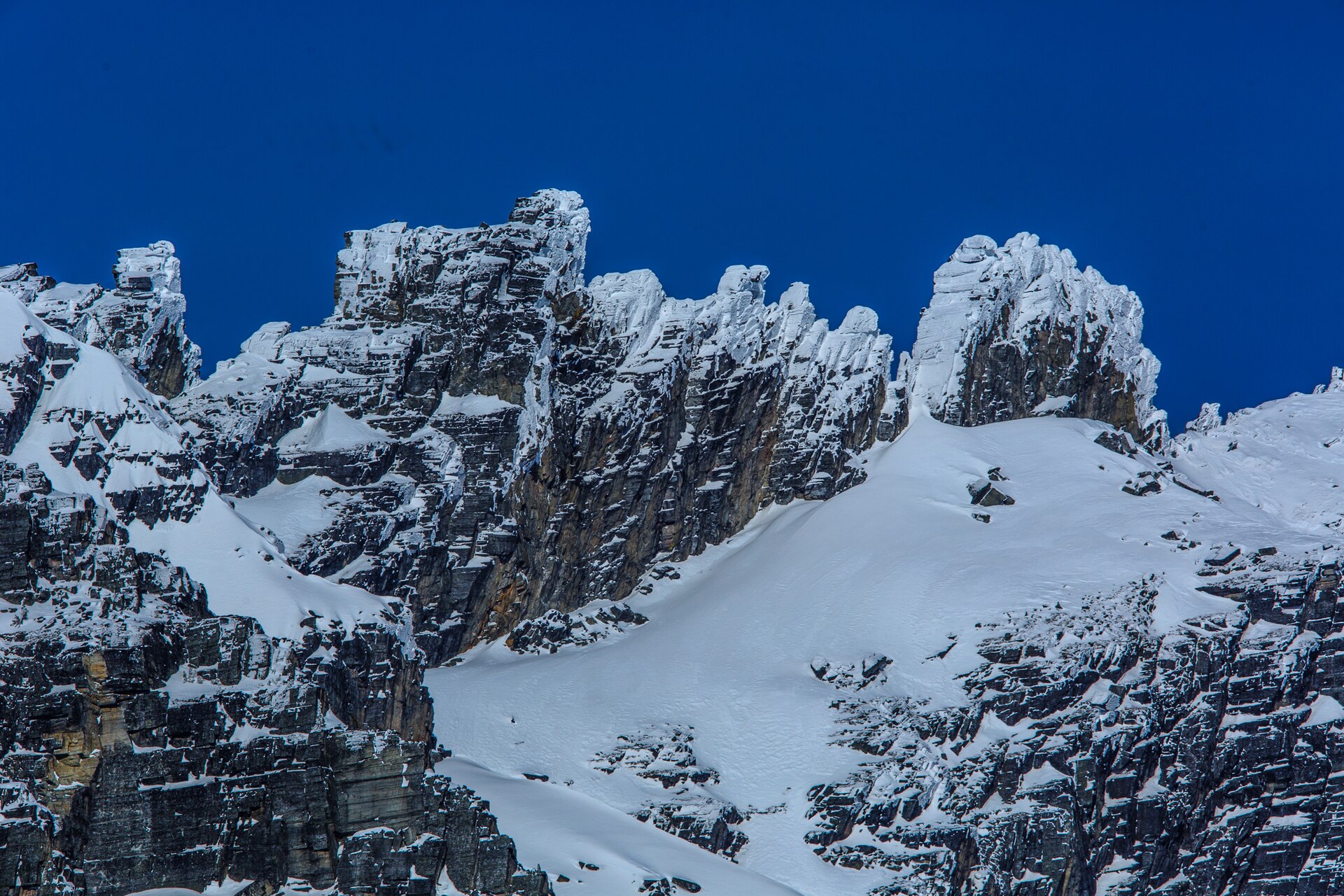 Rimed cliffs and snow gullies on Mount Tupper near Rogers Pass