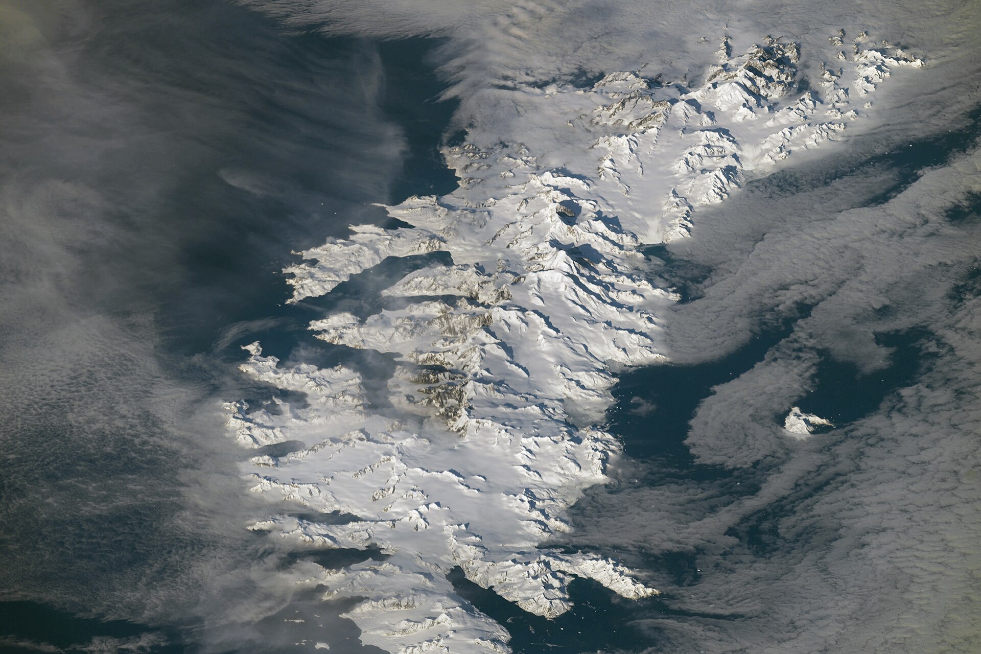South Georgia covered in snow and glaciers, photographed from the International Space Station