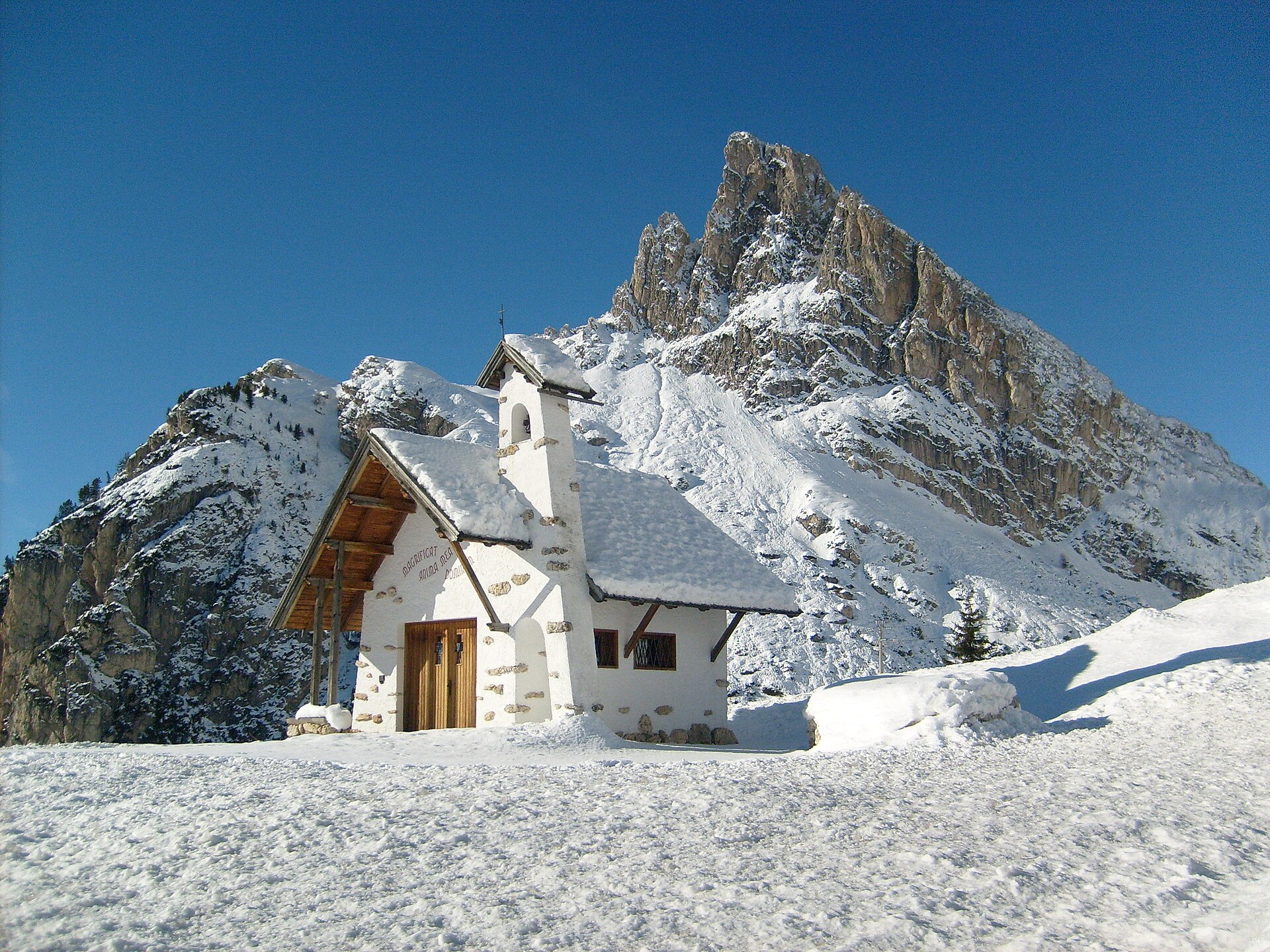 Passo Falzarego under snow in the Ampezzo Dolomites