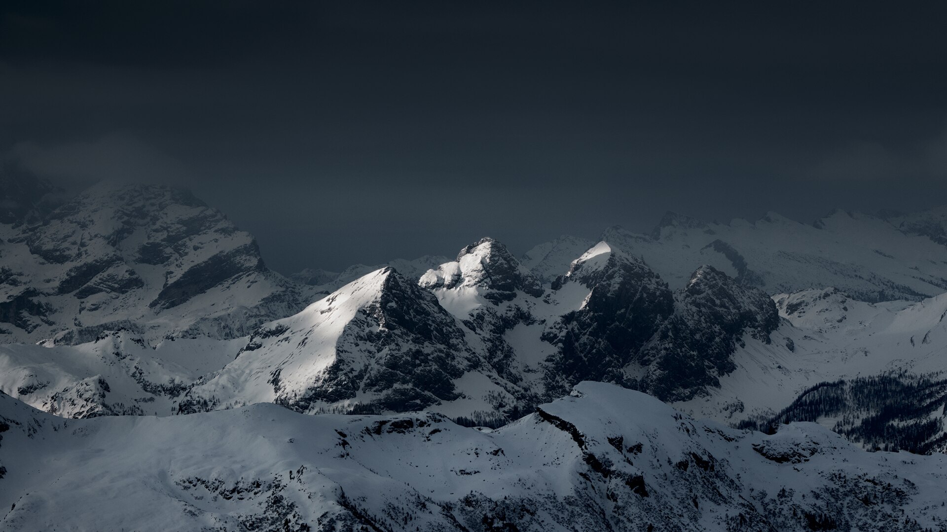 Snow-covered Lagazuoi peaks and pine trees emerging through blue winter mist