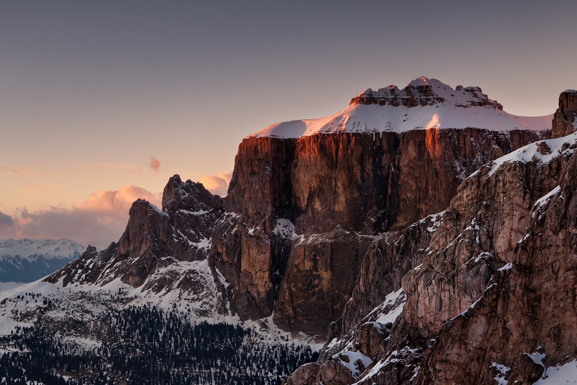The snowy towers and walls of the Sella group in February