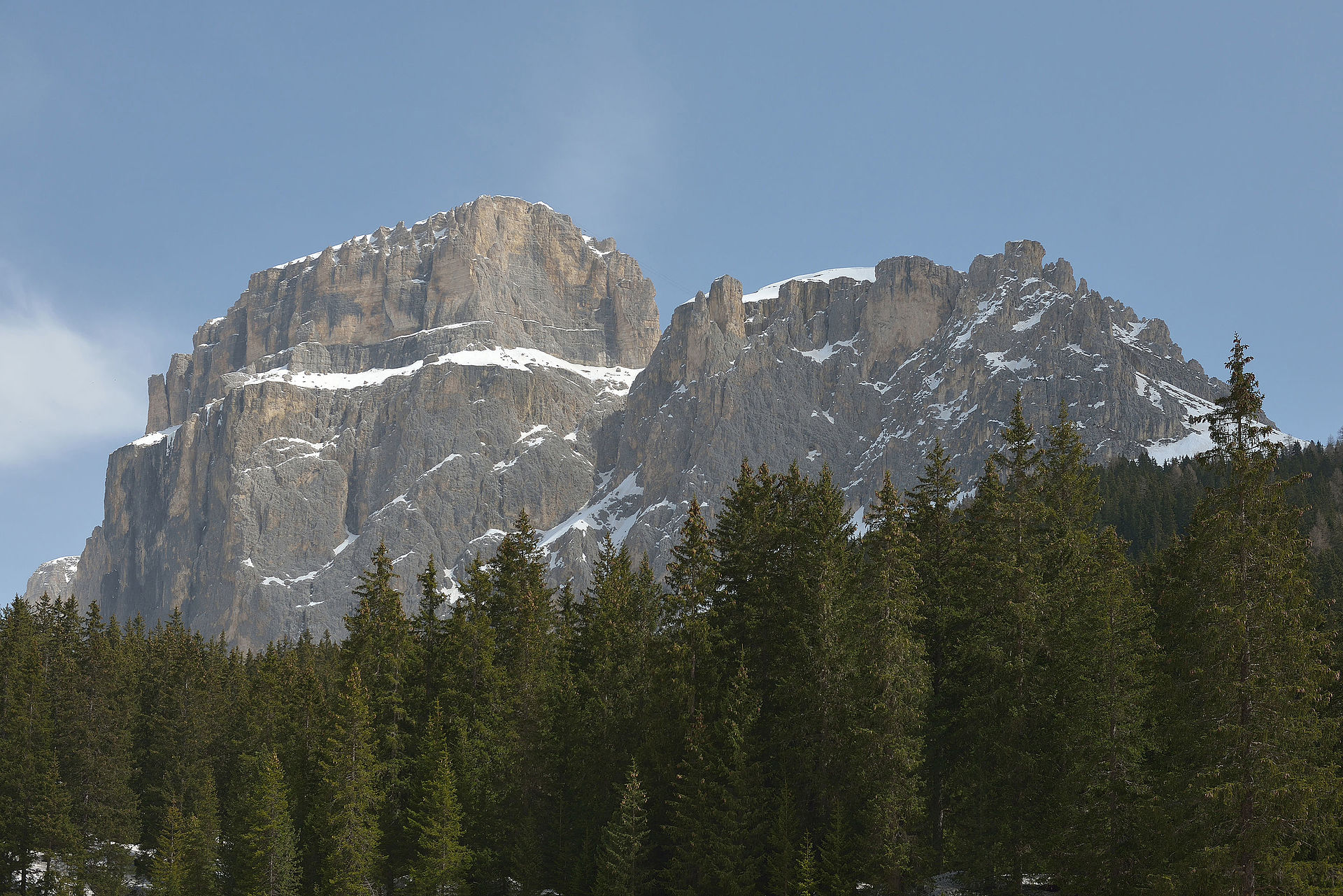 Sass Pordoi and the Sella group under spring snow