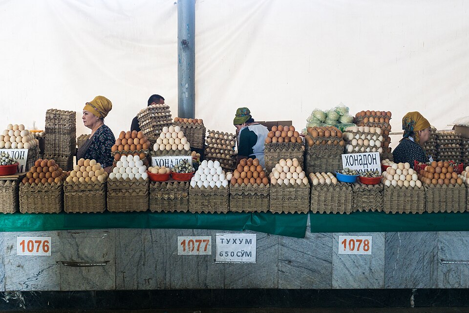 Eggs and dairy products arranged at a stall in Tashkent's Chorsu Bazaar